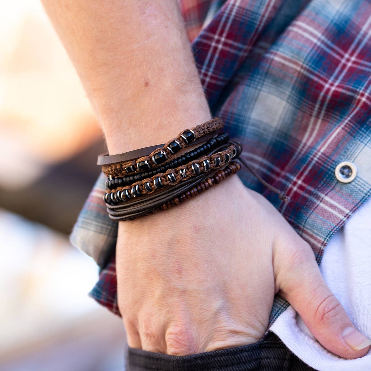 Aadi Brown and Black Beads with Leather Men's Bracelet Set