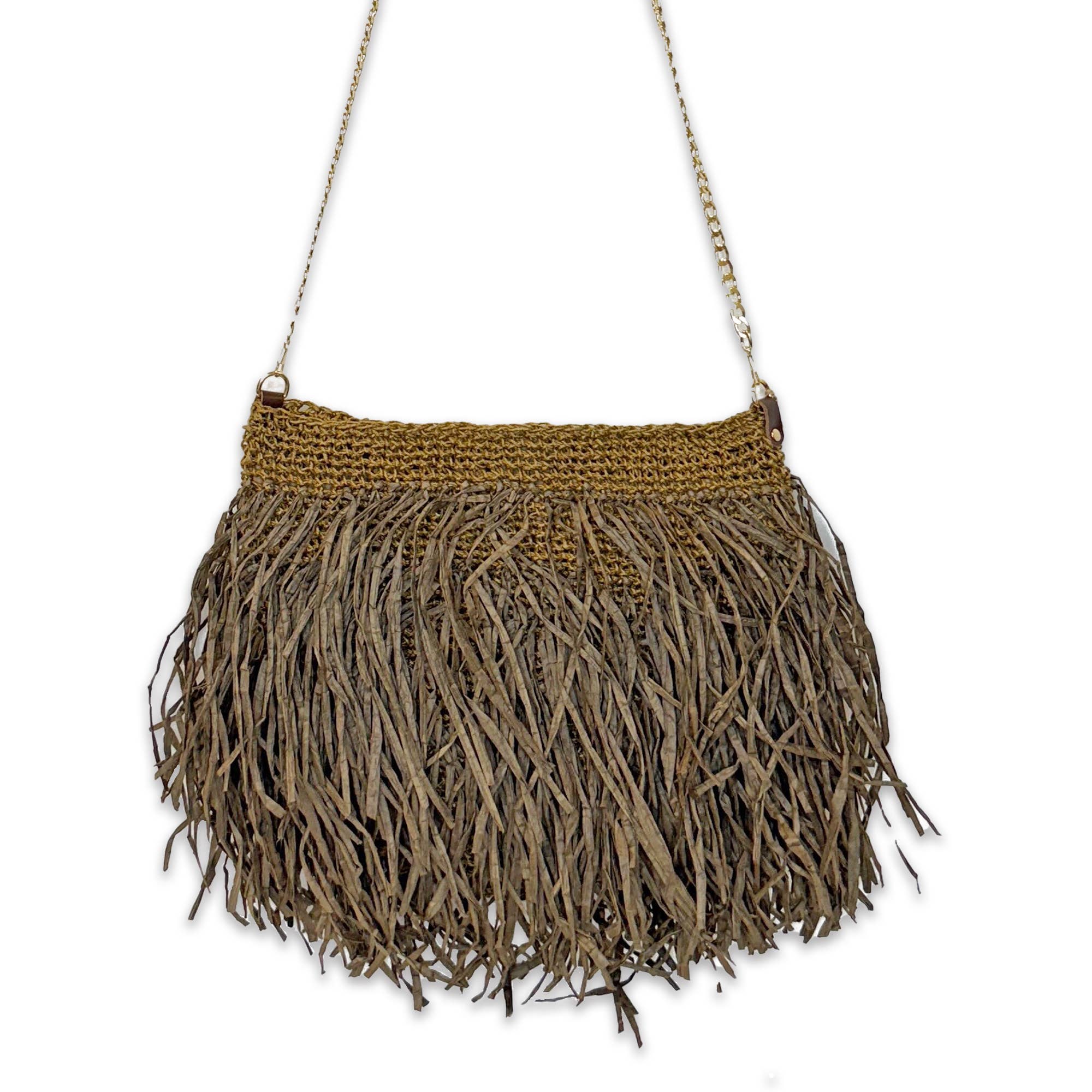 Luau Cross Body Bag - Brown Raffia Fringe Bag