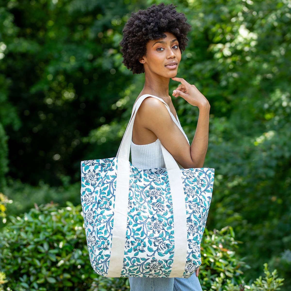 Handcrafted Canvas Bag with Block-Printed Blue Thistle