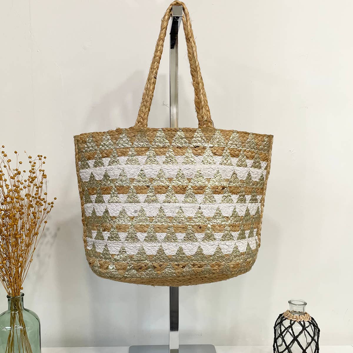 Luna Bag - Jute tote bag with gold and white accents
