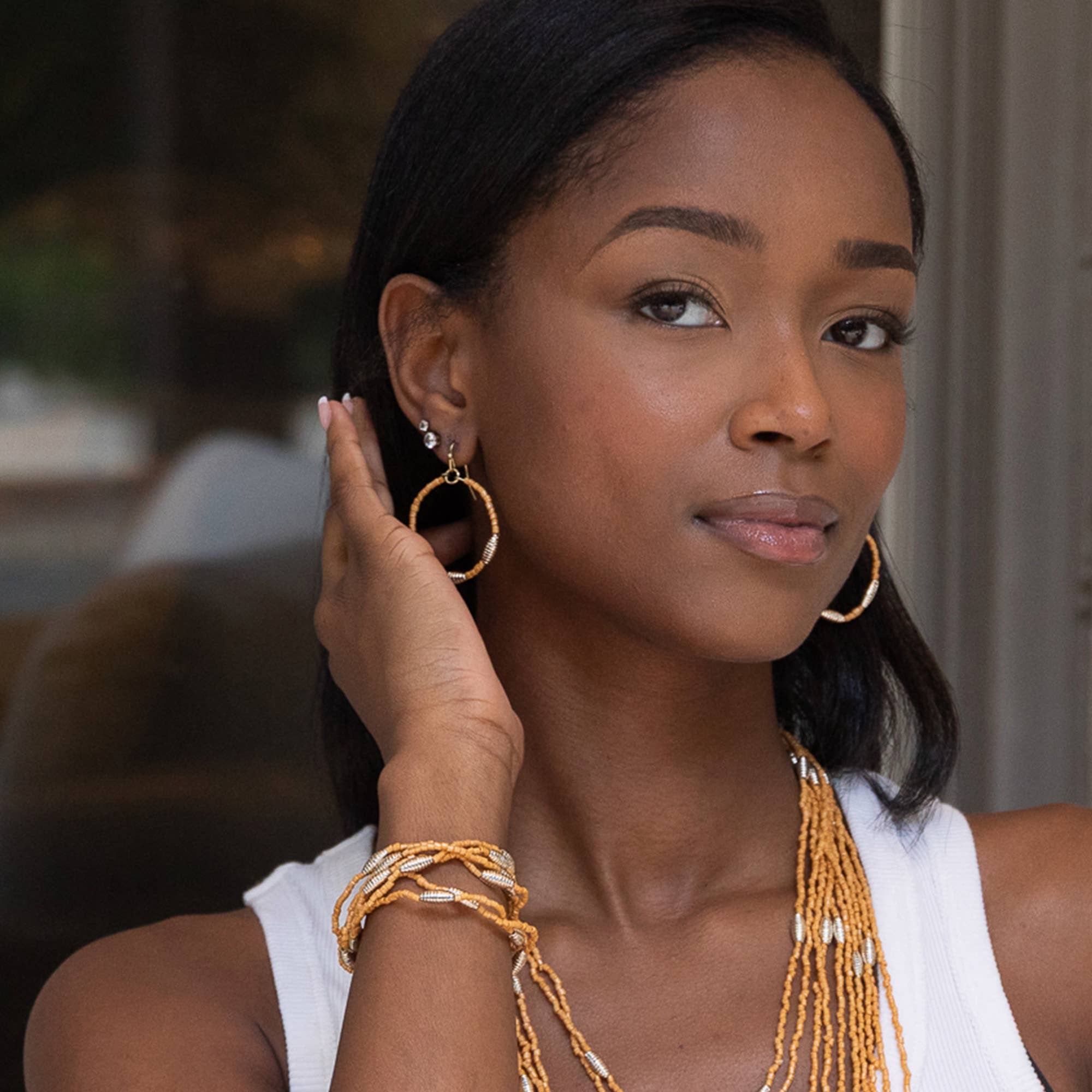 Seed Bead Hoop Earrings - Tan