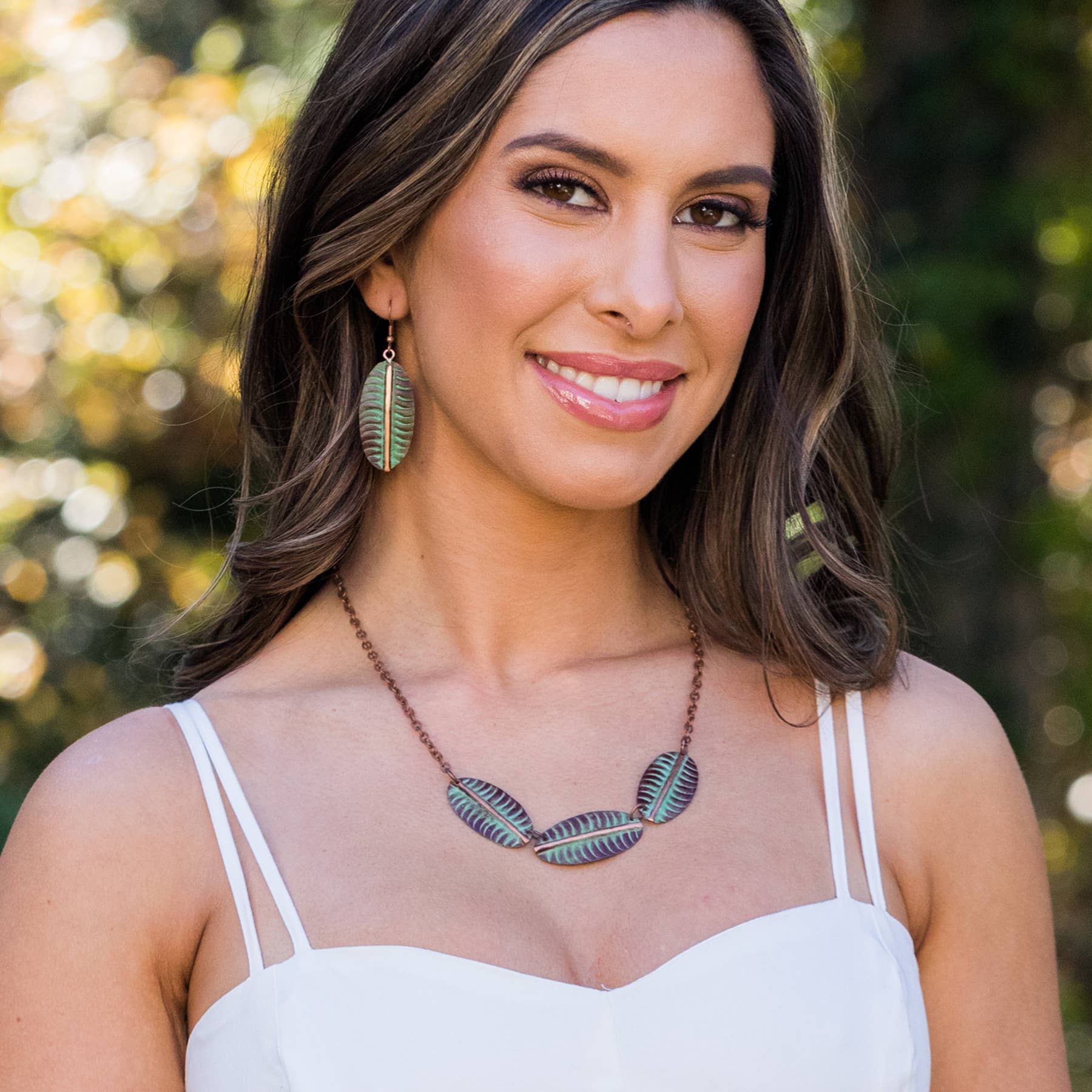 Copper Patina Necklace - Tropical Green Leaf