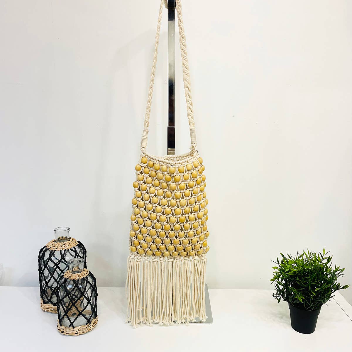 Coco Bag - Cotton Macrame sling bag with wood beads
