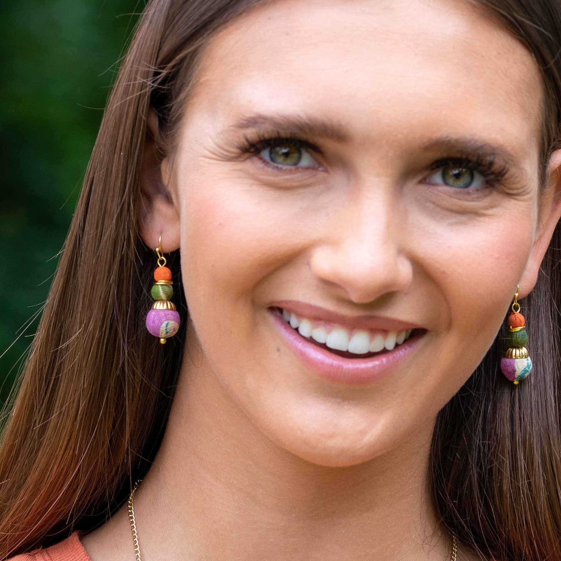 Aasha Three Graduated Brass Capped Beads Earrings