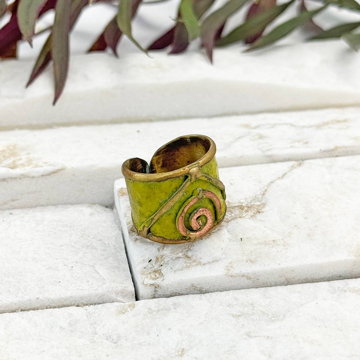 Handcrafted Olive Green & Copper Spiral Brass Patina Ring