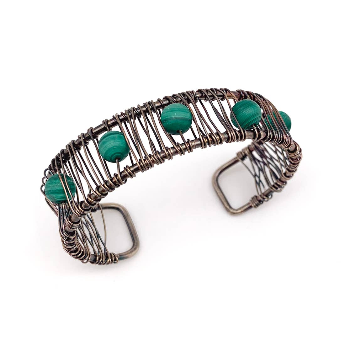 Wire-Wrapped Stone Cuff - Antique Silver with Malachite