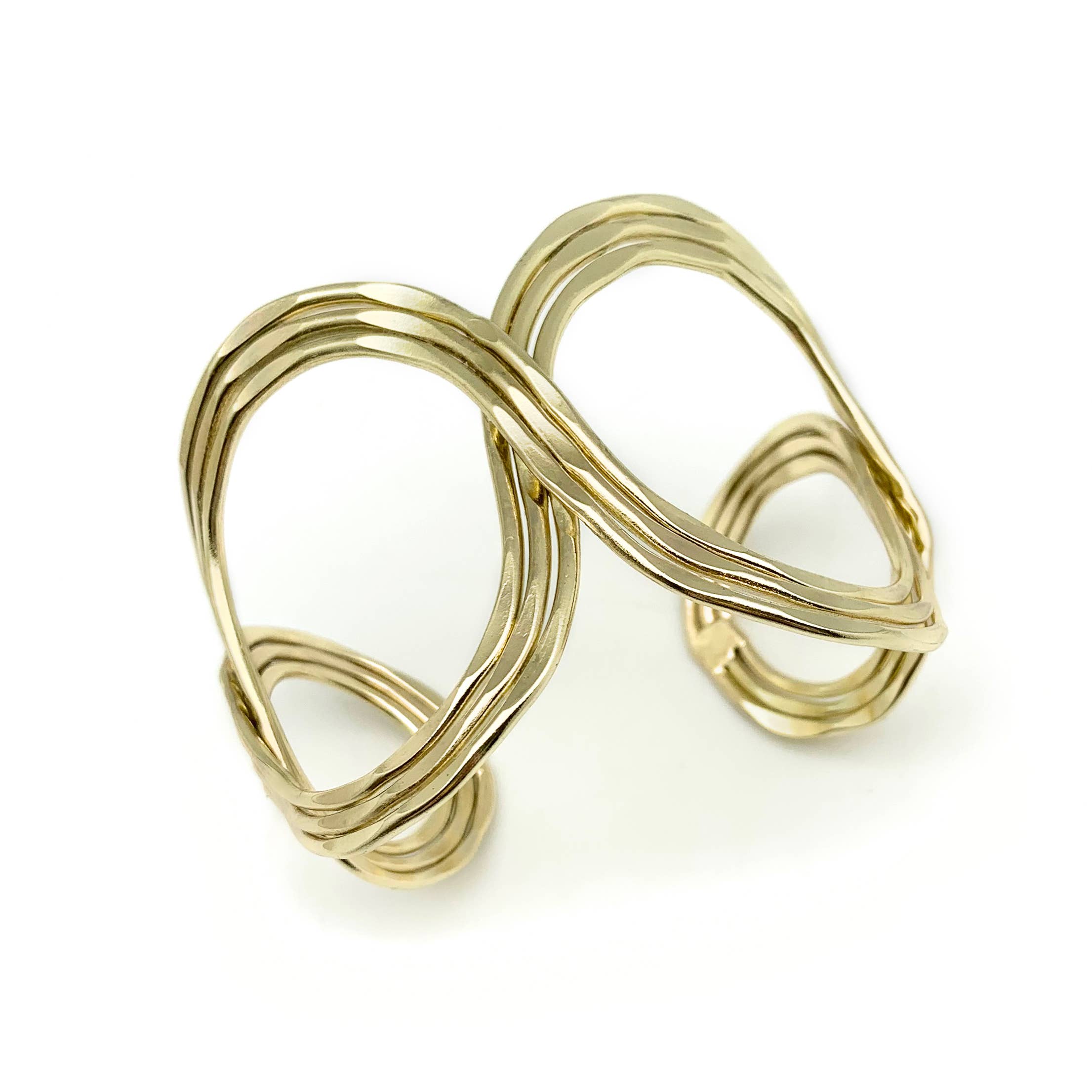 Gold Plated Adjustable Cuff Bracelet - Hammered Open Ovals