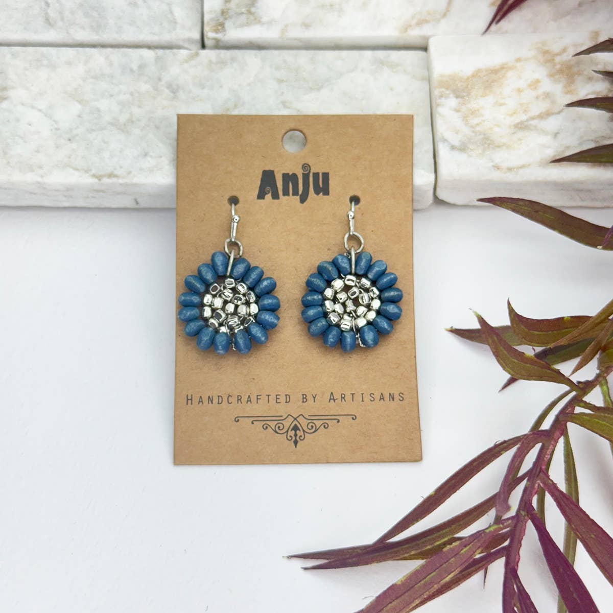 Sachi Wood Bead Flower Earrings - Blue