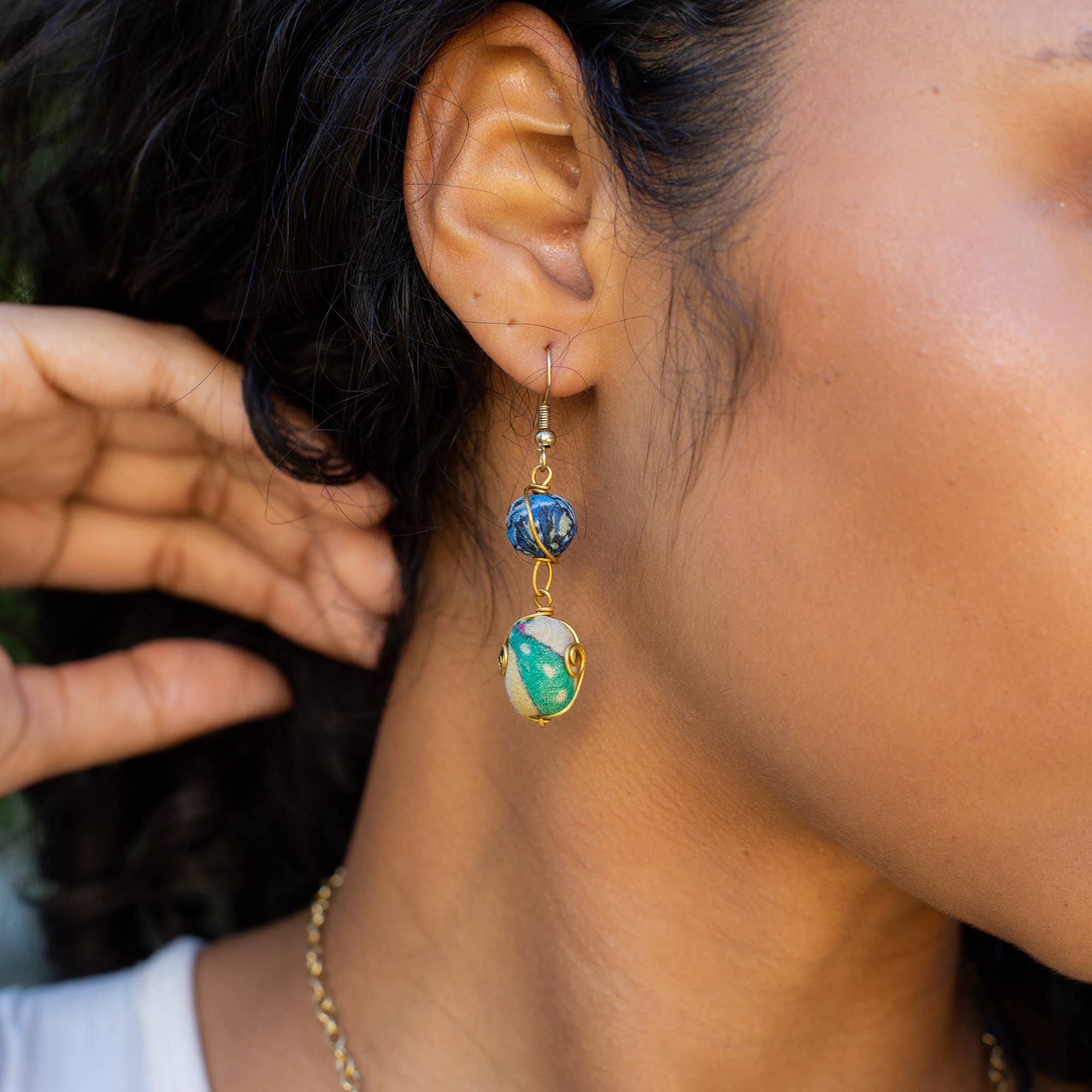 Aasha Brass Wire Wrapped Circle and Oval Bead Earrings