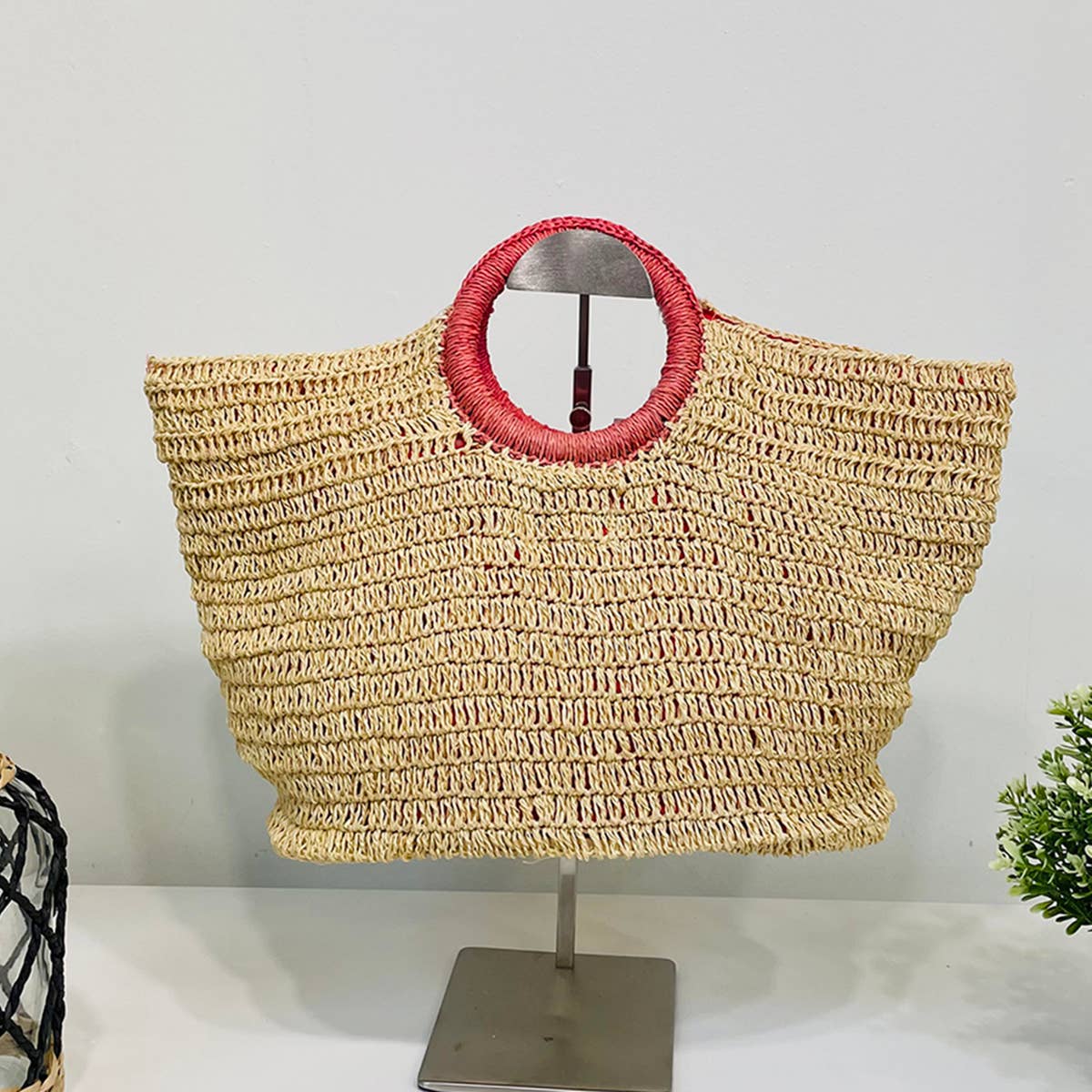 Cali Basket Raffia Bag with Colorful Wrapped Wooden Handle