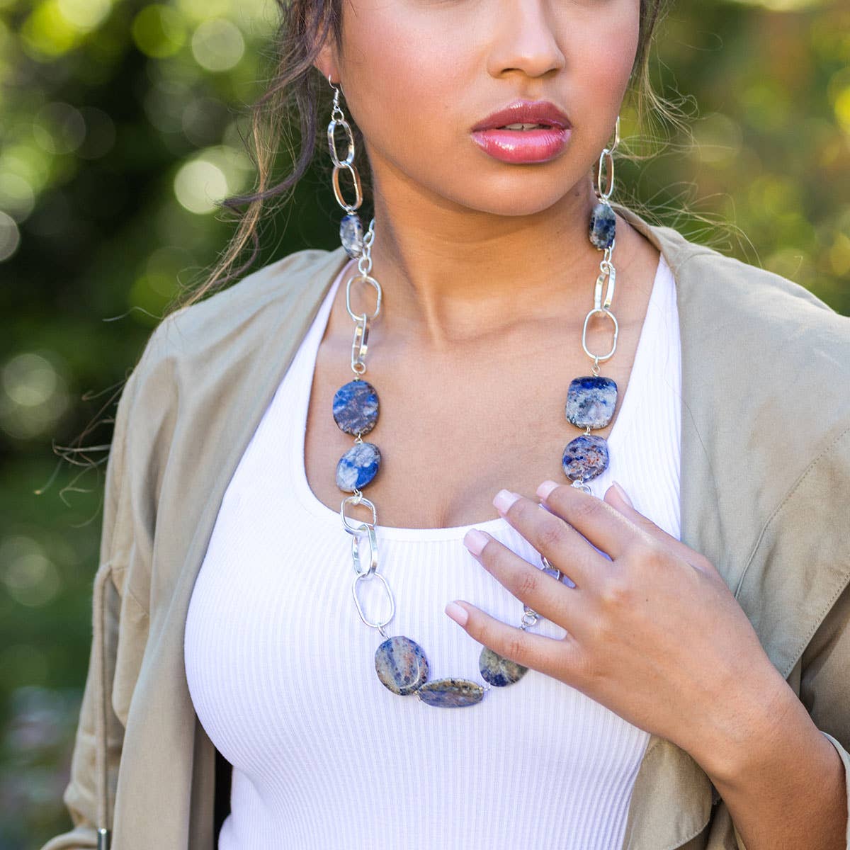 Silver-Plated Long Necklace With Sodalite Stones