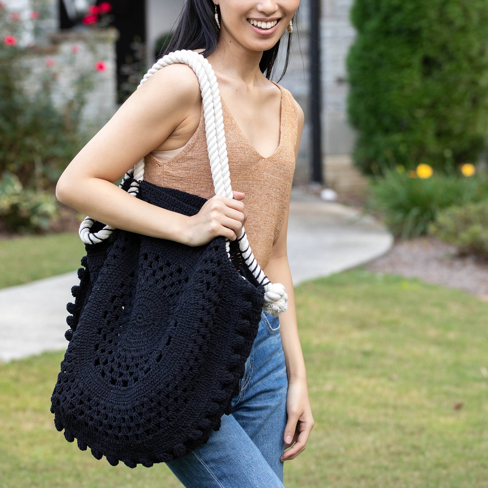 Nina Bag - Knitted Cotton Bag with Rope Handles - Black