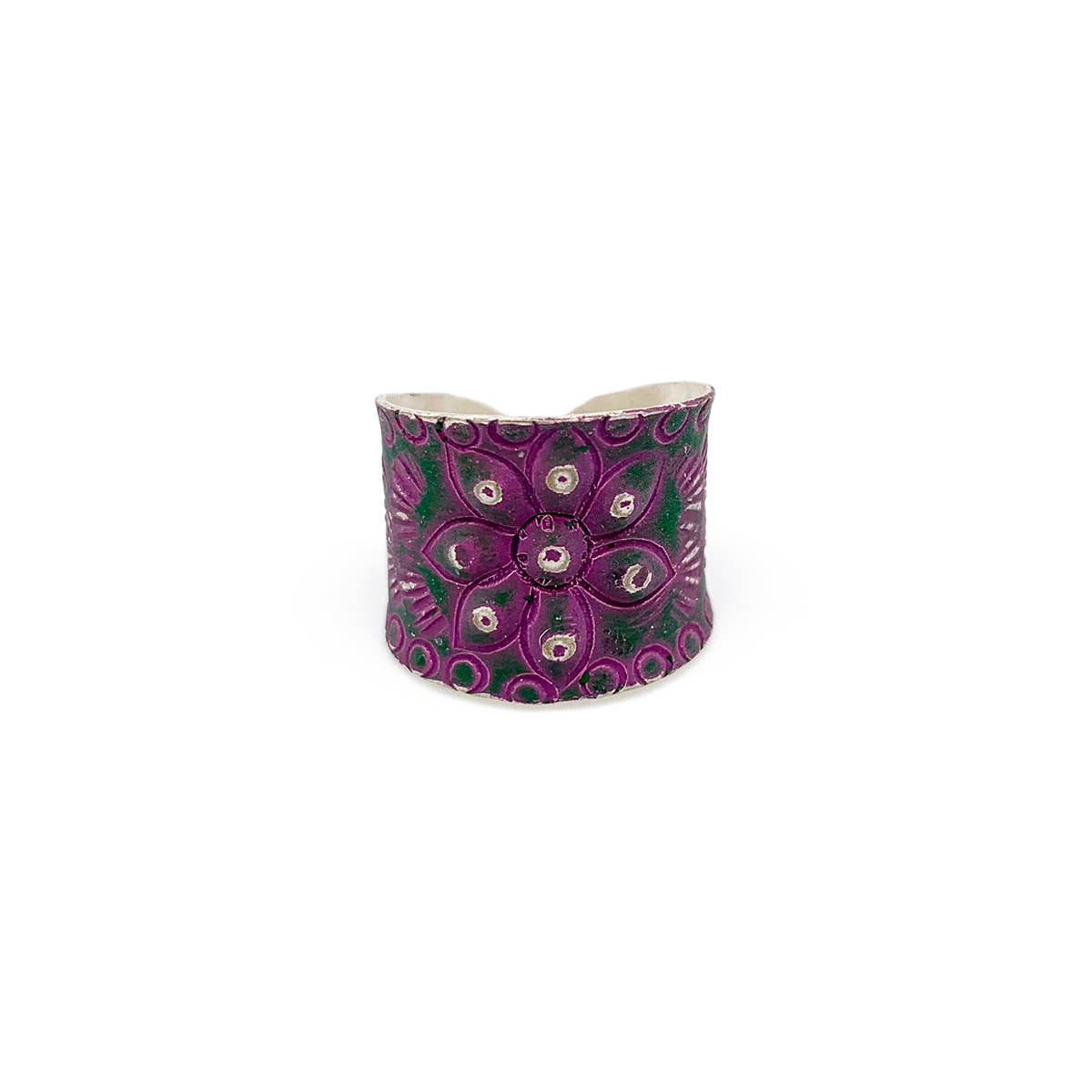 Silver Patina Ring - Purple Floral and Dots