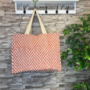Canvas Bag with Block-Printed Red and White Zigzag Pattern