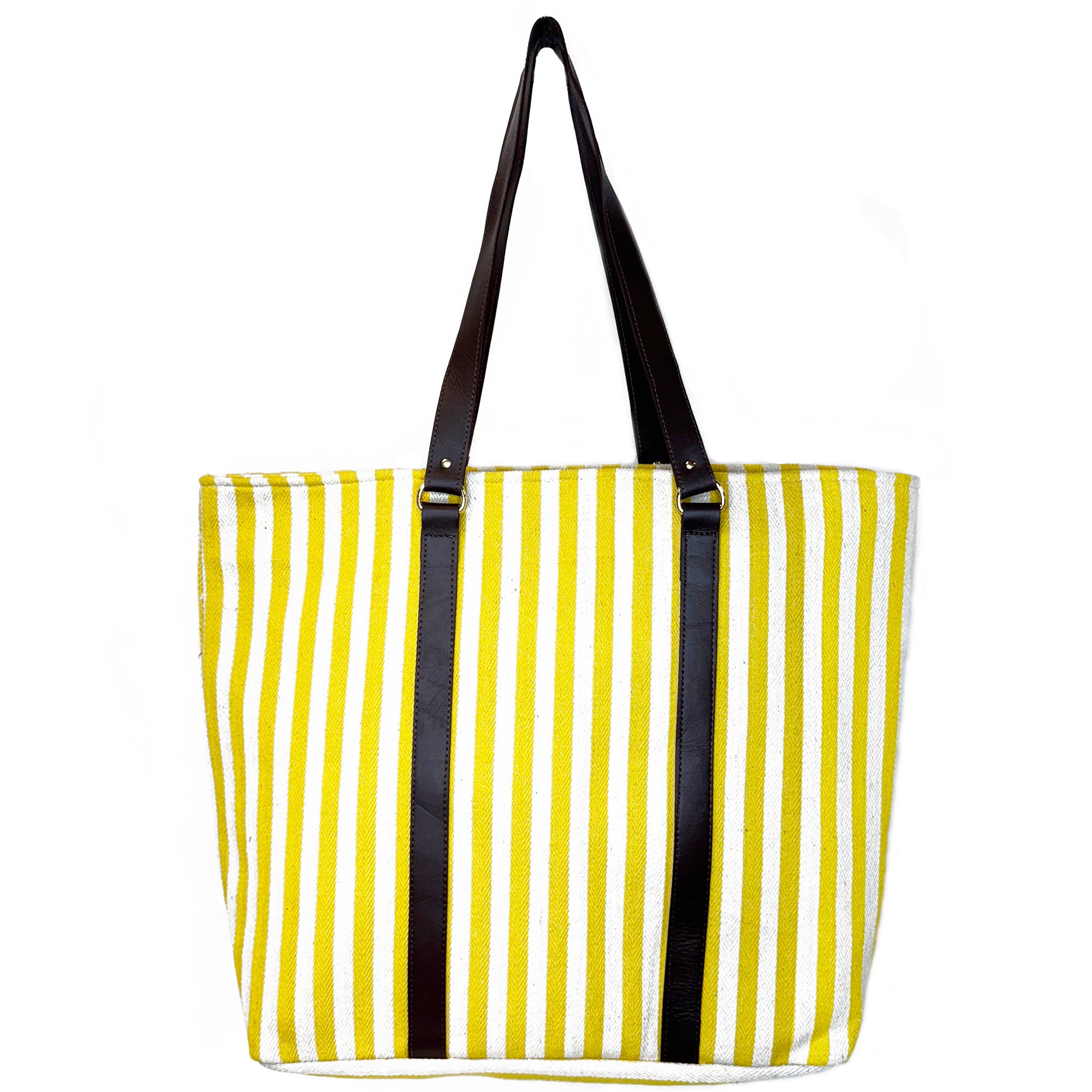 Malibu Tote - Yellow and White Tote with Leather Handles