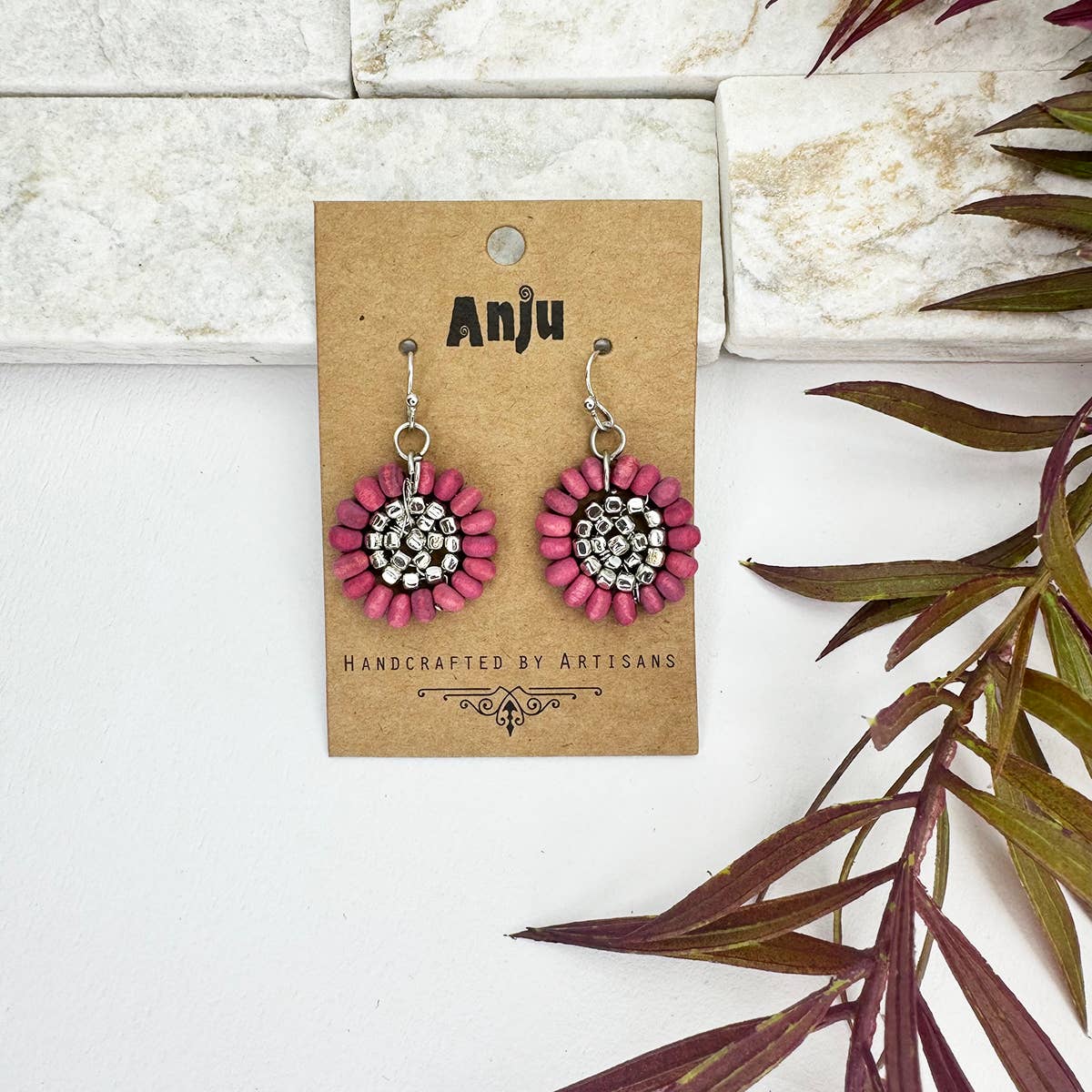 Sachi Wood Bead Flower Earrings - Fuschia