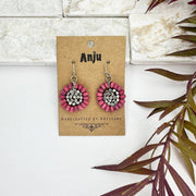 Sachi Wood Bead Flower Earrings - Fuschia
