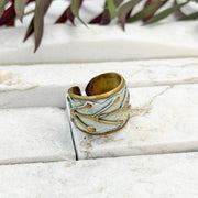 Handcrafted Antique White Dotted Leaf Brass Patina Ring