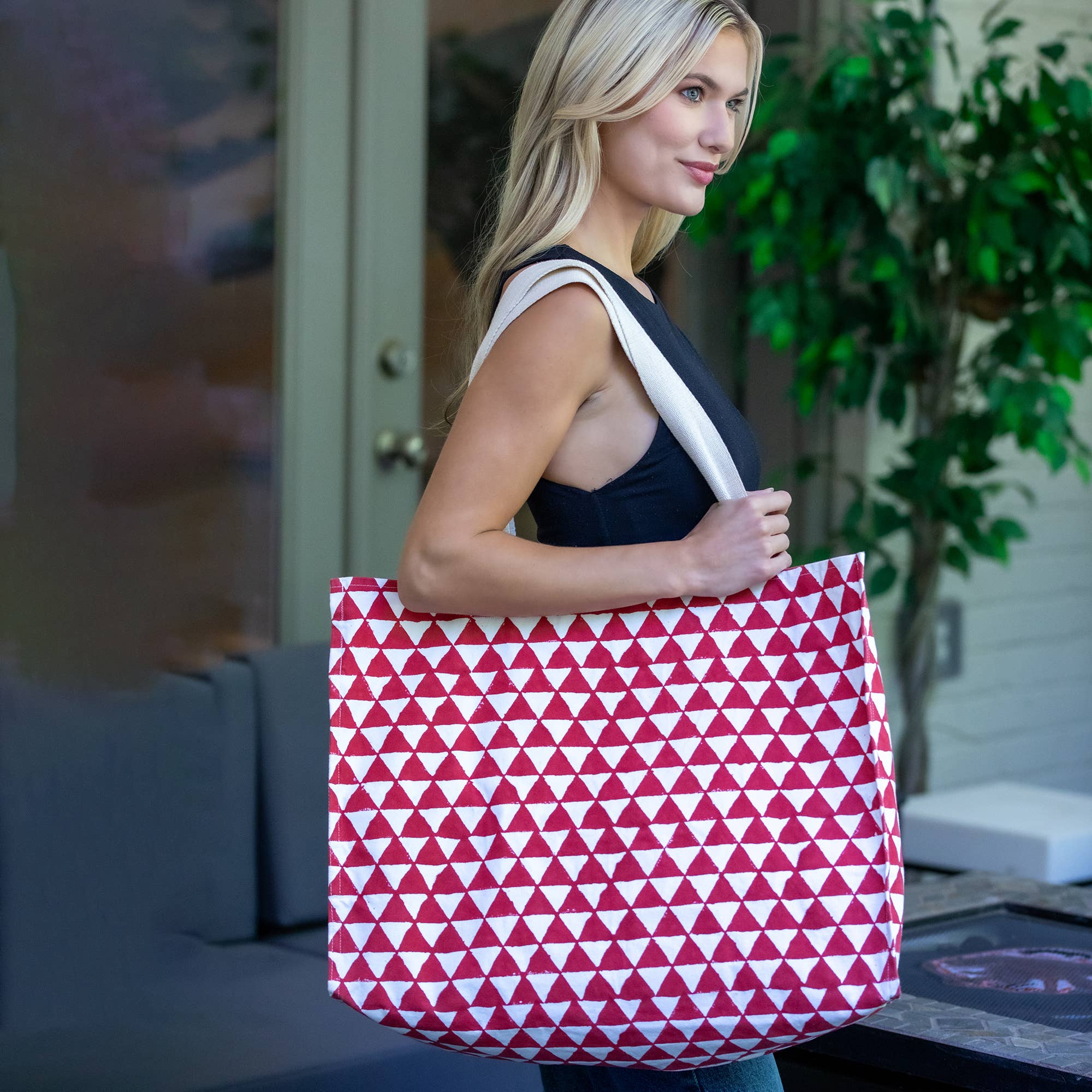 Canvas Bag with Block-Printed Red geometric pattern