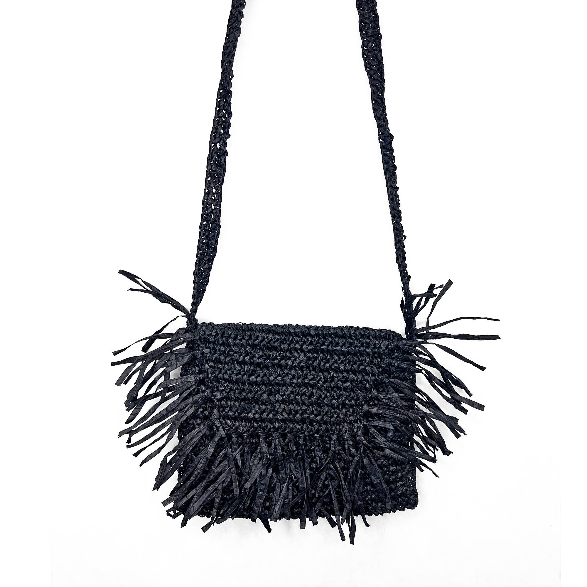 Rhea Bag - Raffia Fringe Envelope Crossbody Bag - Black