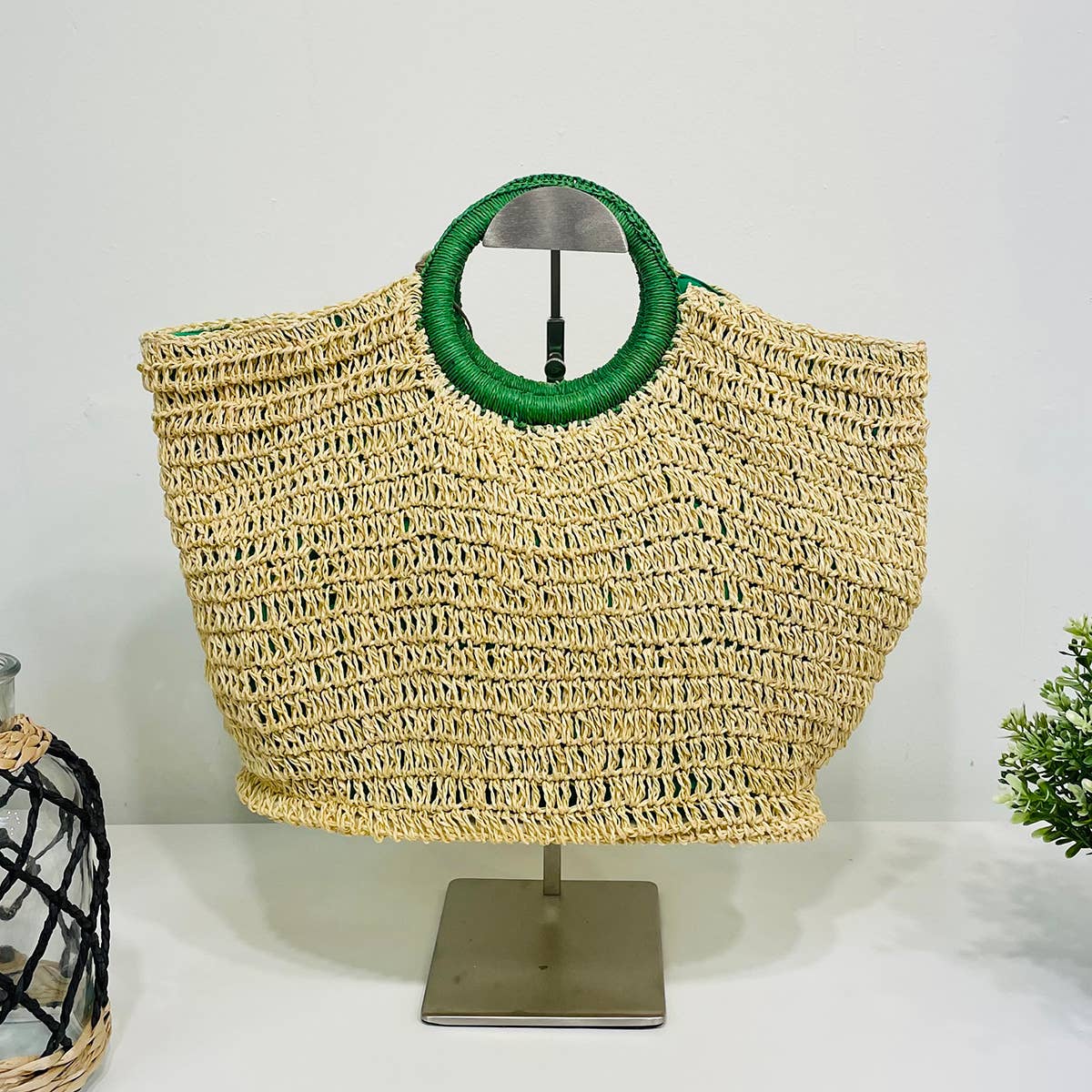 Cali Basket Raffia Bag with Colorful Wrapped Wooden Handle