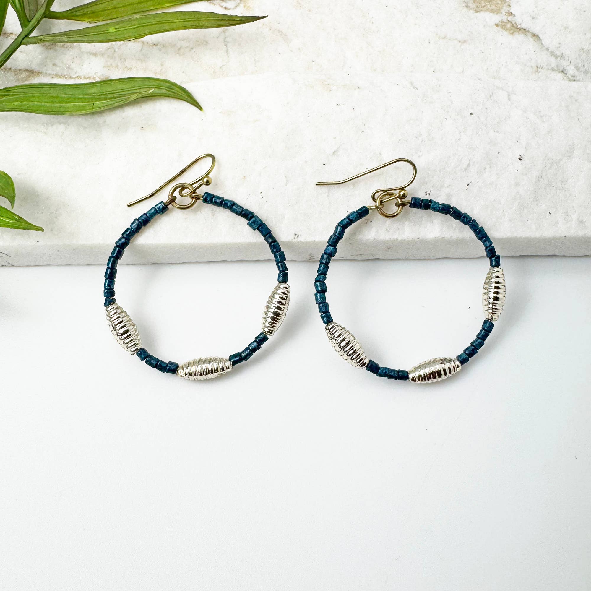 Seed Bead Hoop Earrings - Midnight Blue