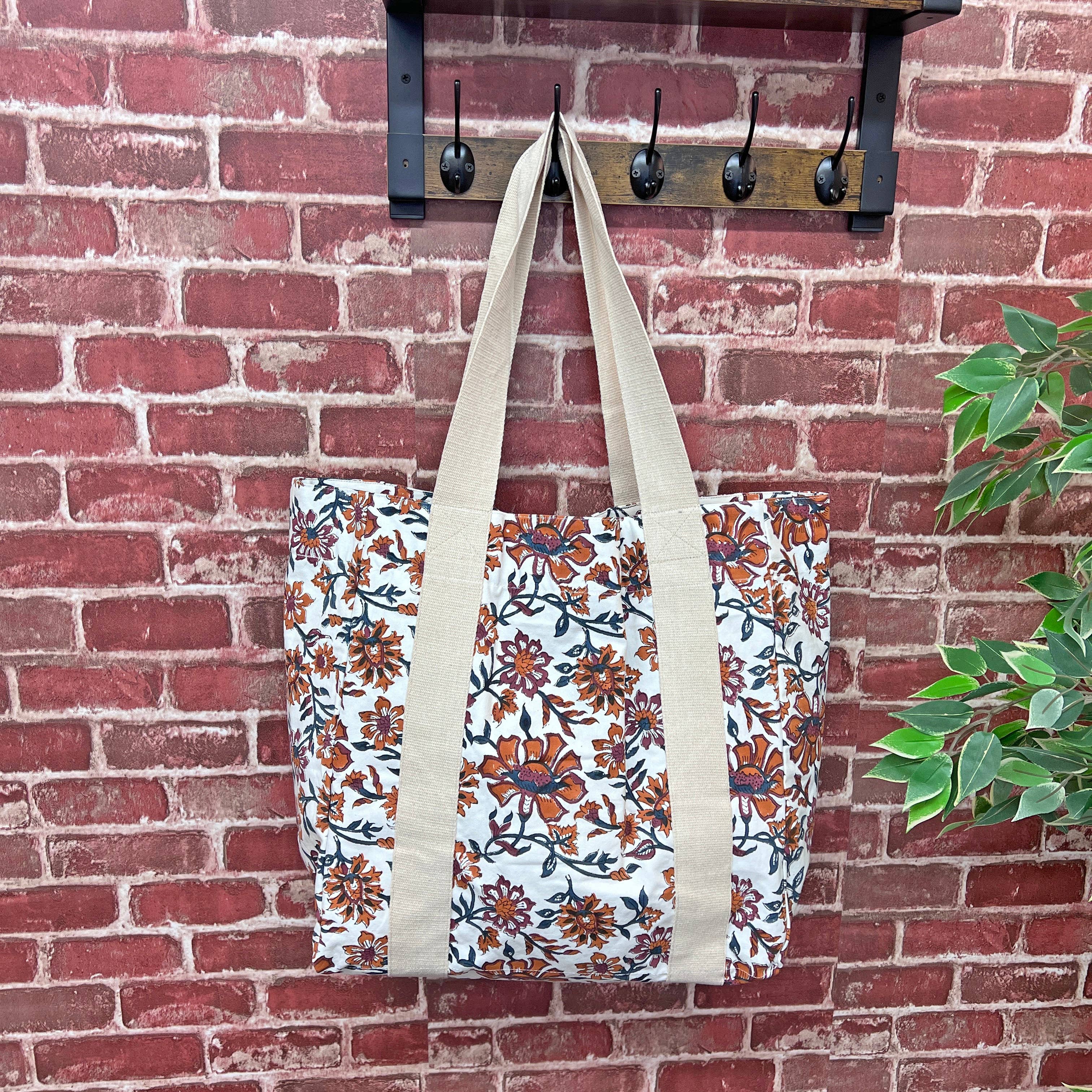 Handcrafted Canvas Bag with Block-Printed Amber Amaryllis