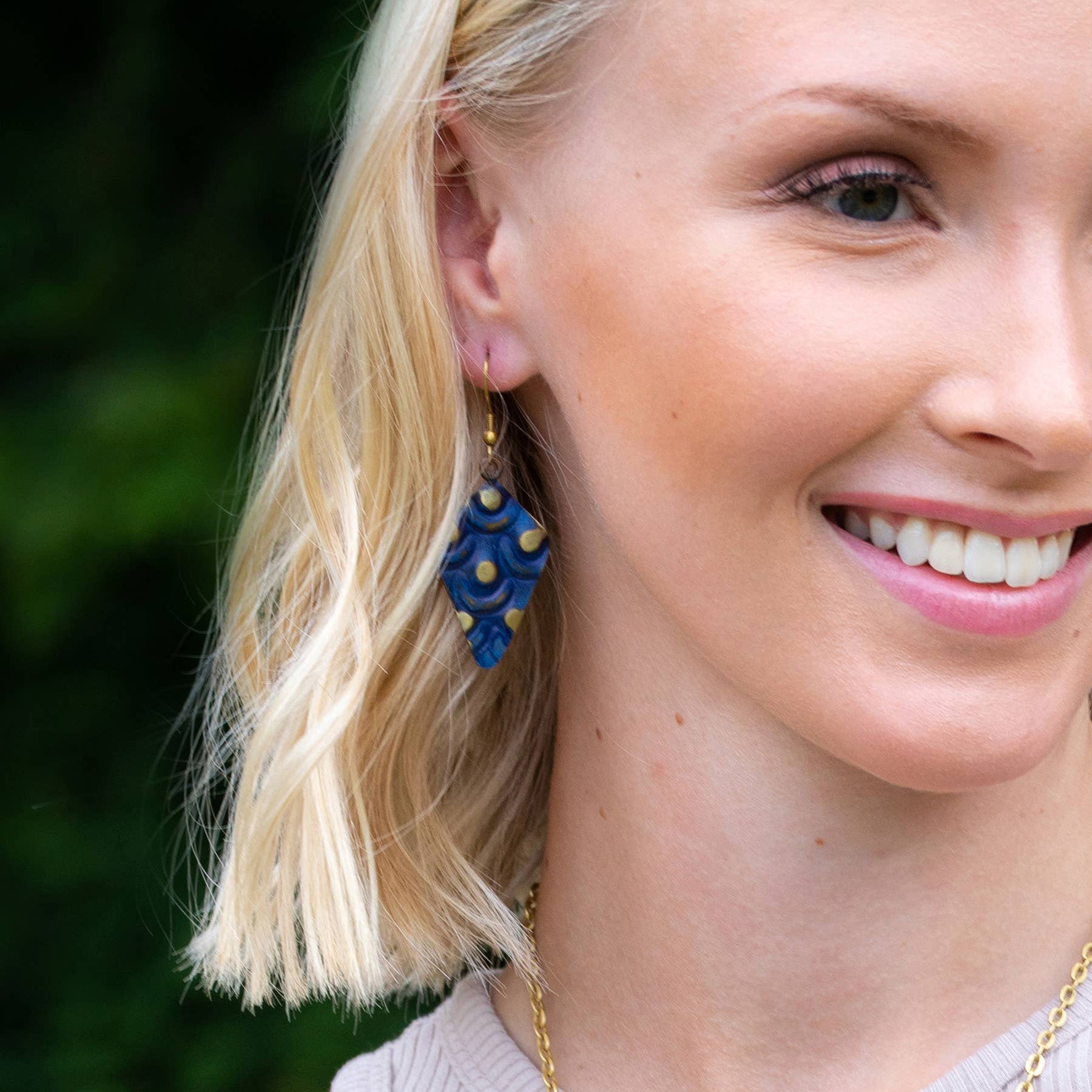 Brass Patina Earrings - Cobalt Blue Diamonds with Brass Dots