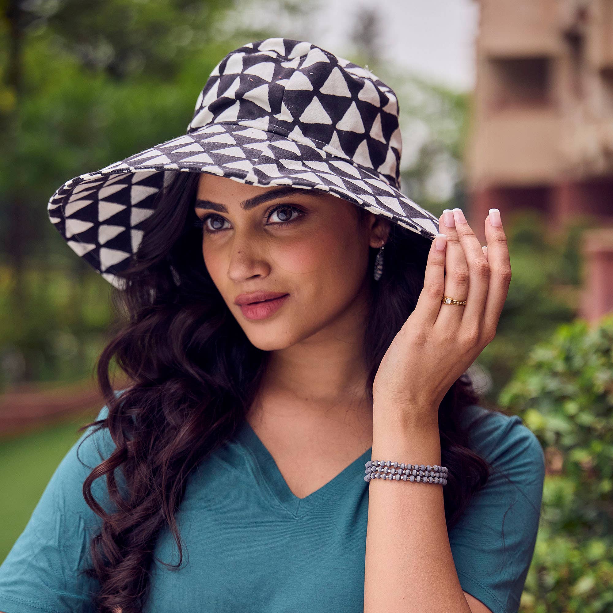 The Block printed Canvas Black Midnight Triangles Sun Hat