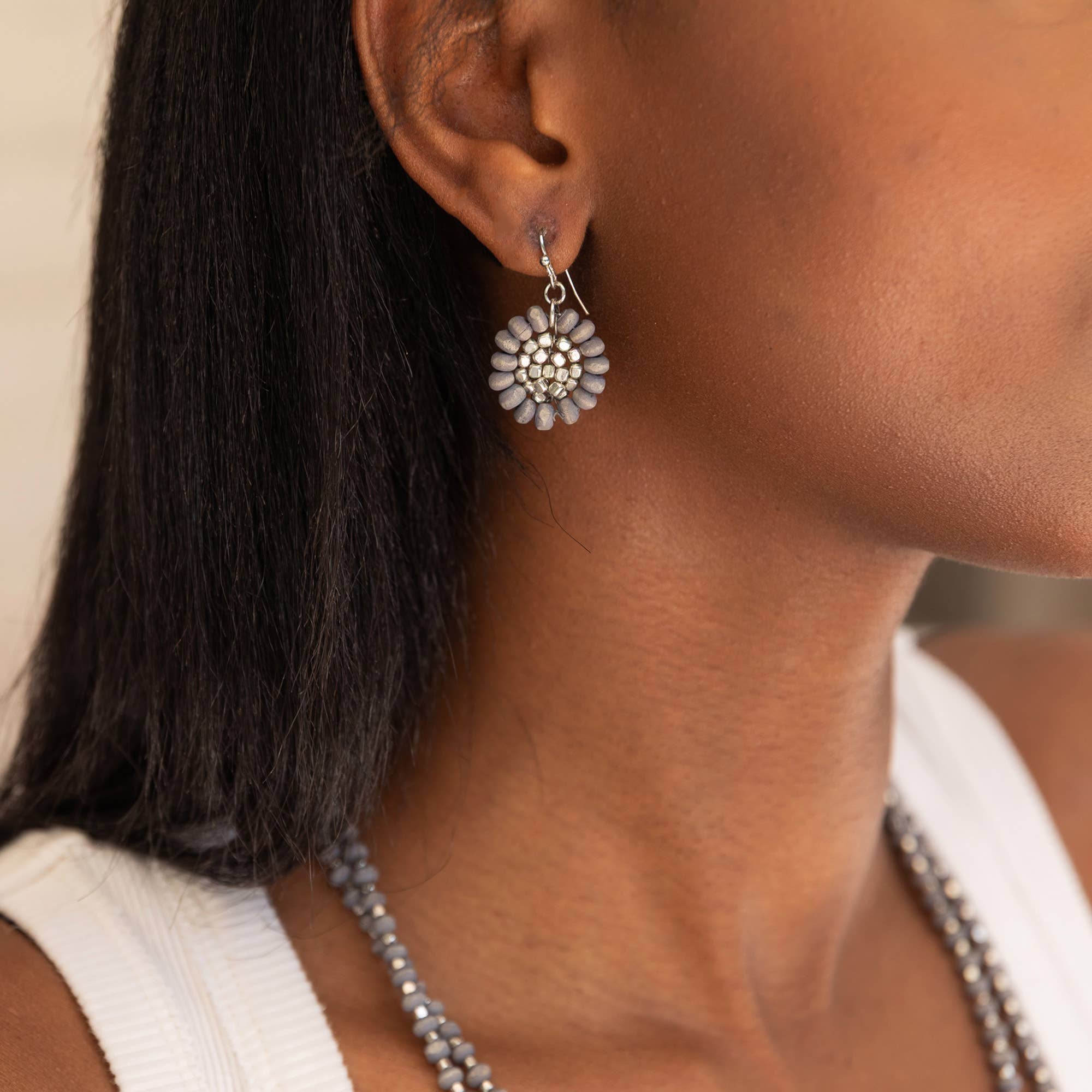 Sachi Wood Bead Flower Earrings - Grey