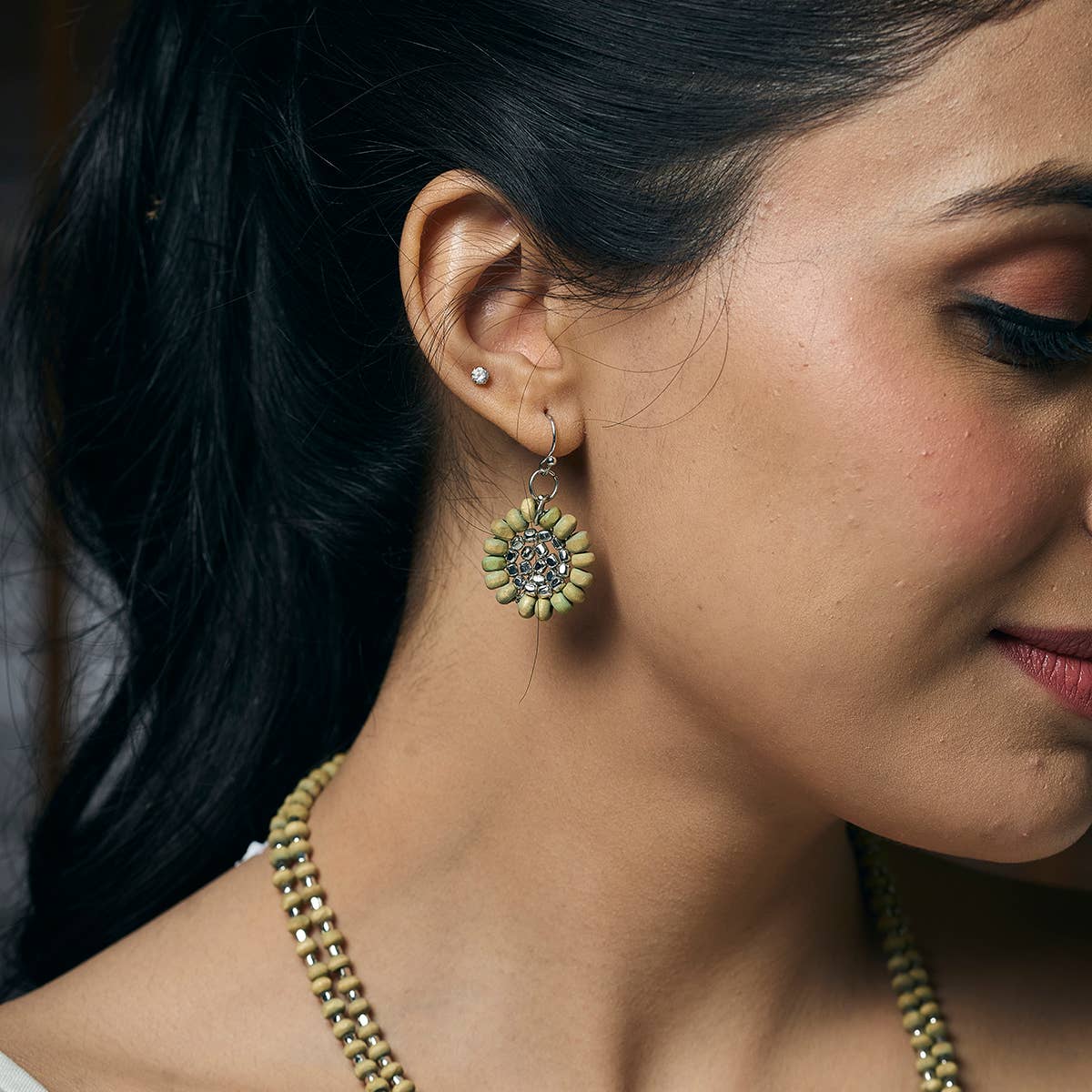 Sachi Wood Bead Flower Earrings - Sage