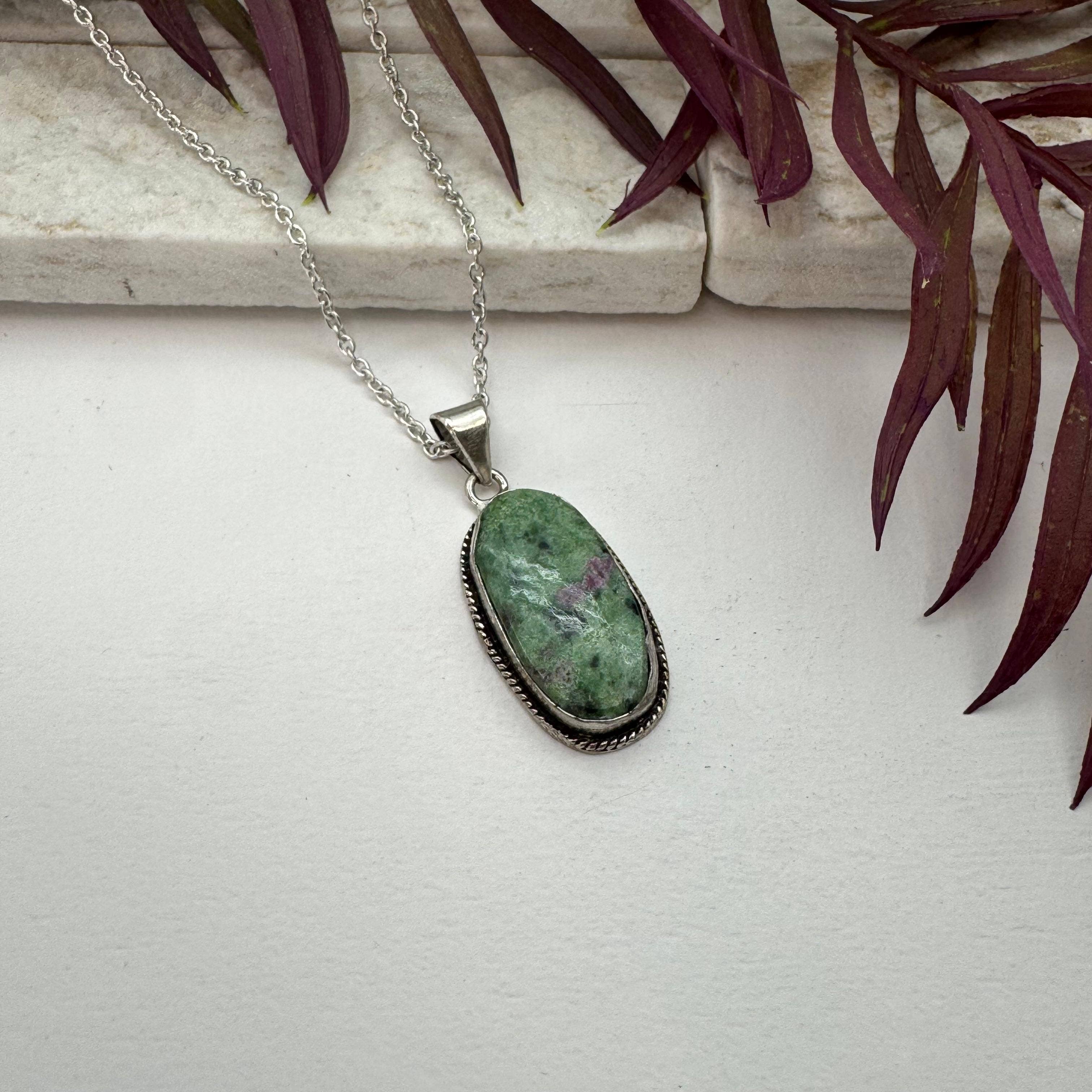 Handcrafted Semiprecious Large Stone Necklace- Ruby Fuchsite