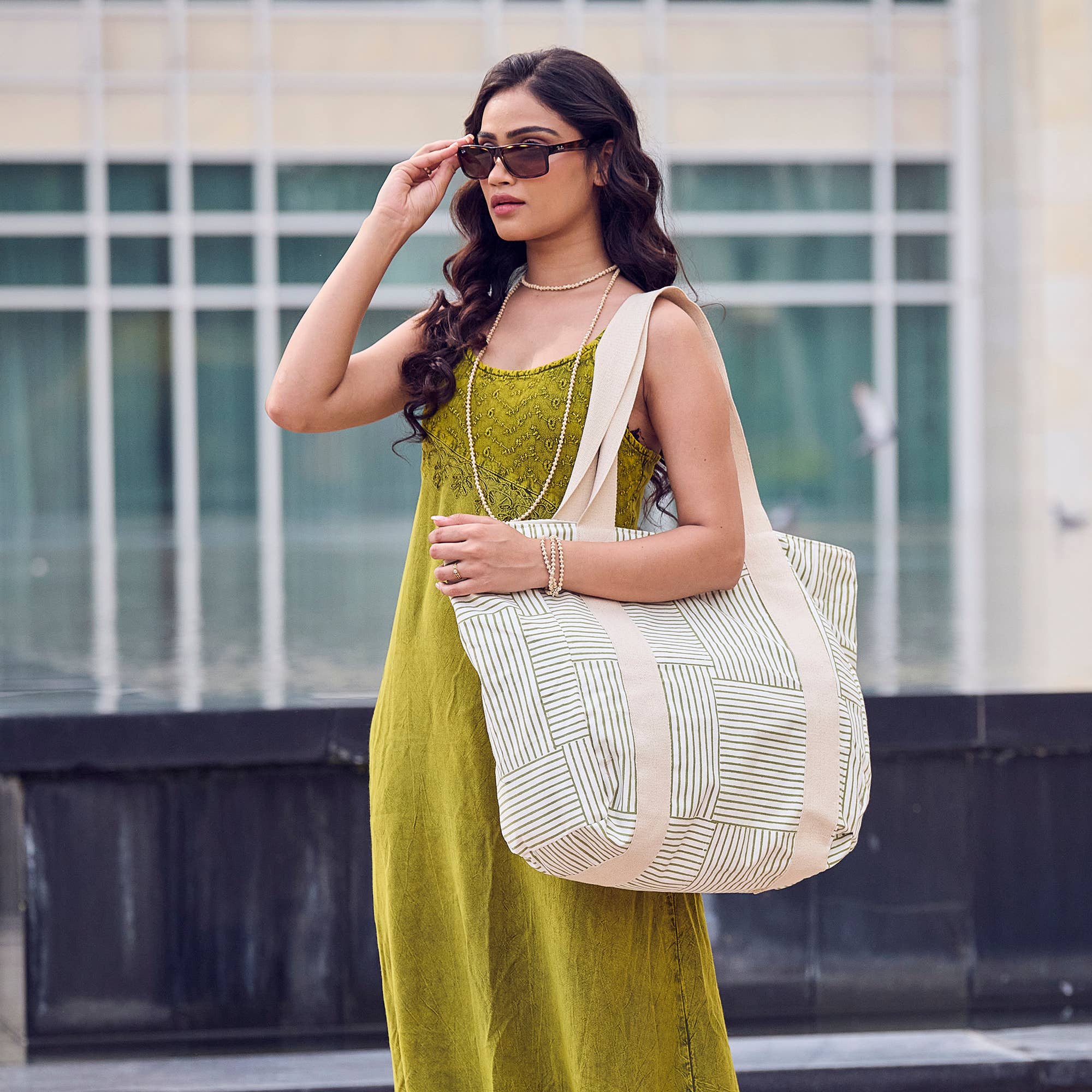 Handcrafted Canvas Bag with Block-Printed Olive Stripes