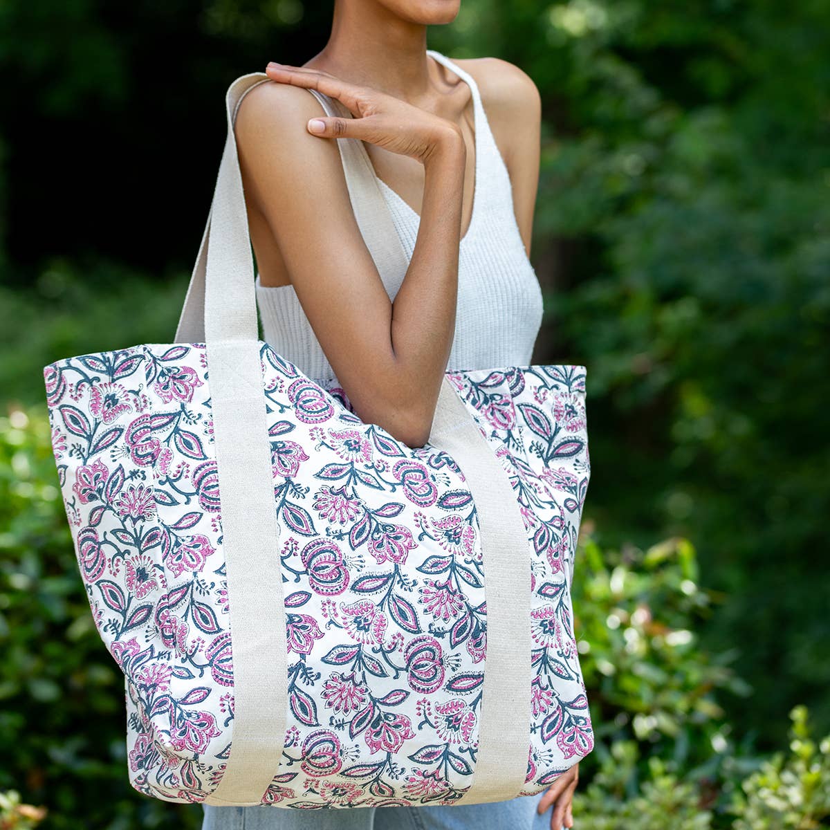 Handcrafted Canvas Bag with Block-Printed Blossoms in Violet
