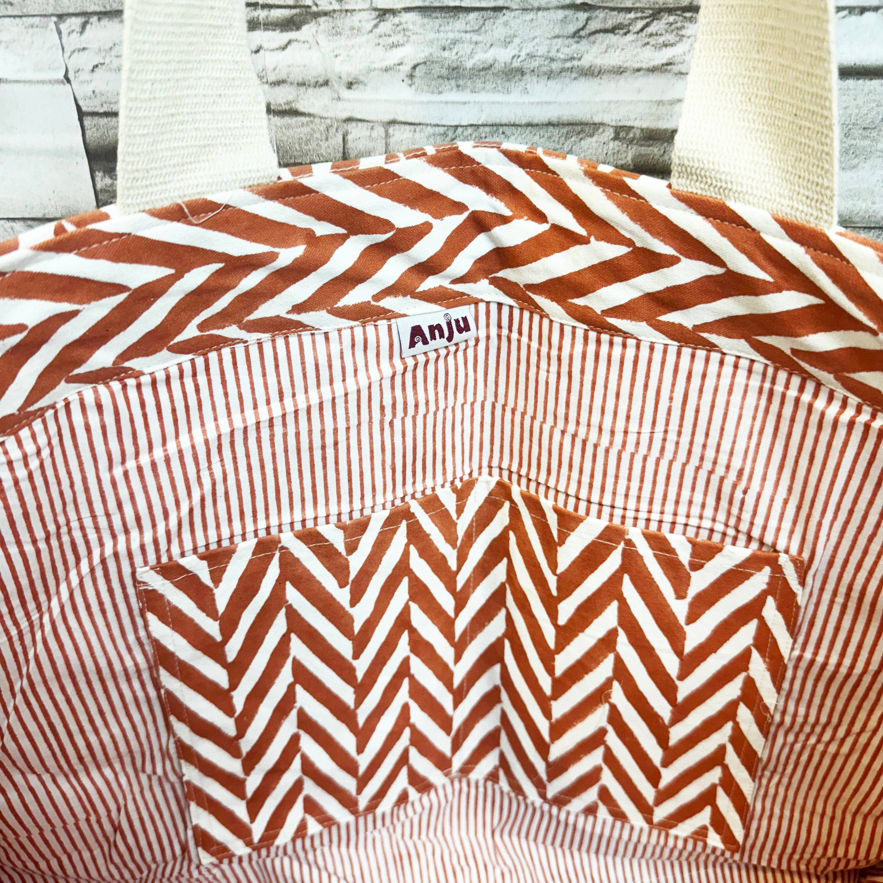 Canvas Bag with Block-Printed Red and White Zigzag Pattern