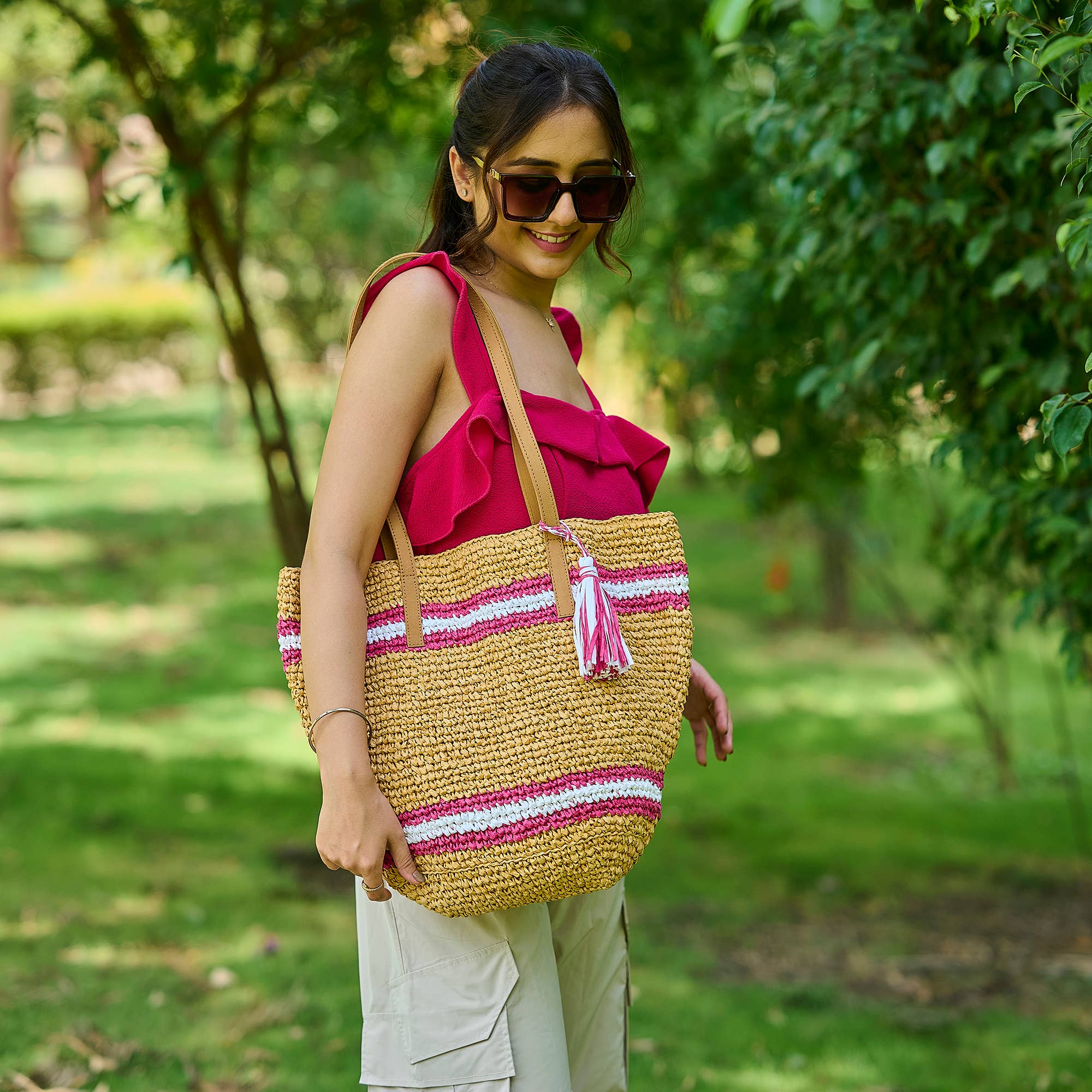 Tahiti Bag - Pink and White Stripes Raffia Bag with Tassel