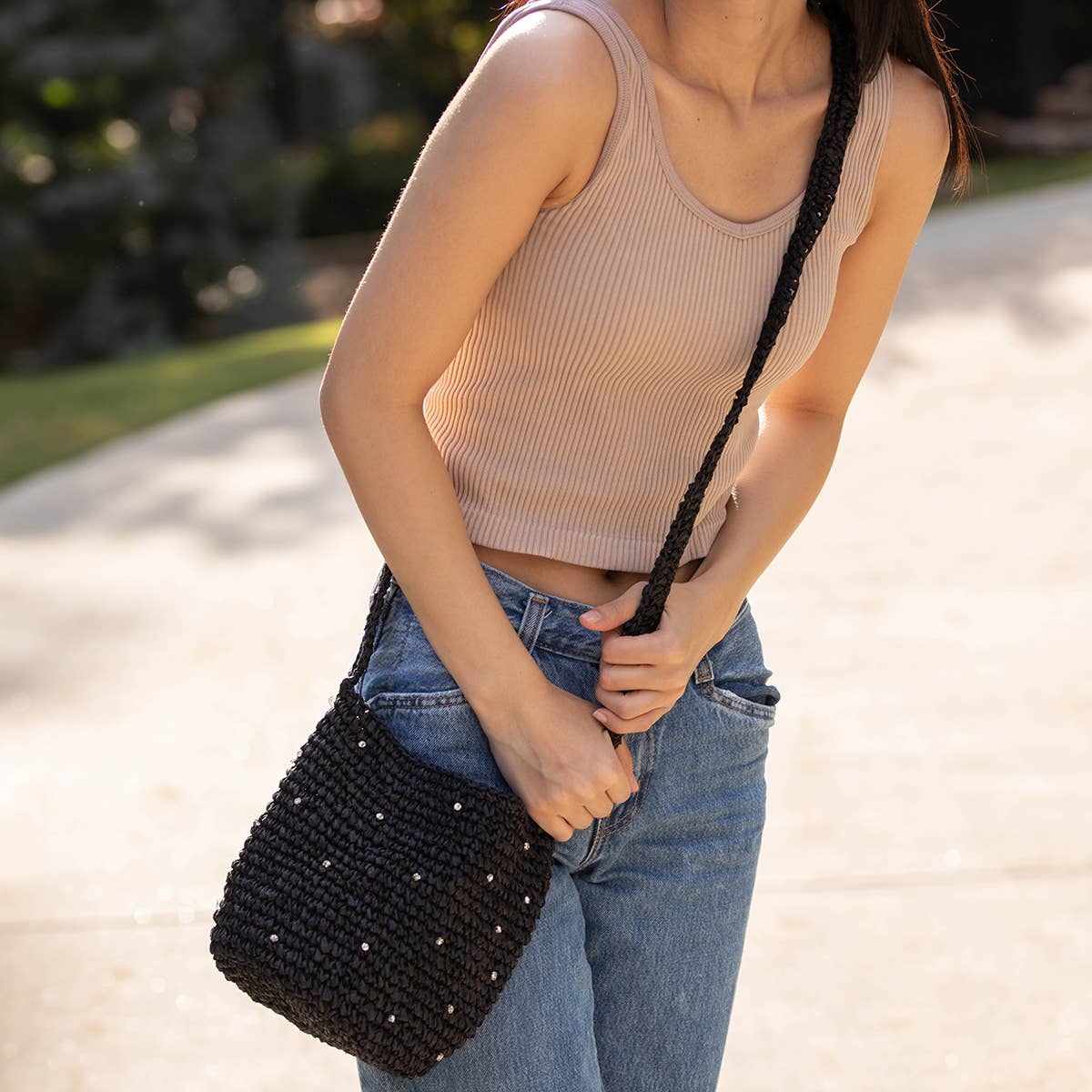 Sylvie Bag - Raffia Bucket Bag with Rhinestones - Black