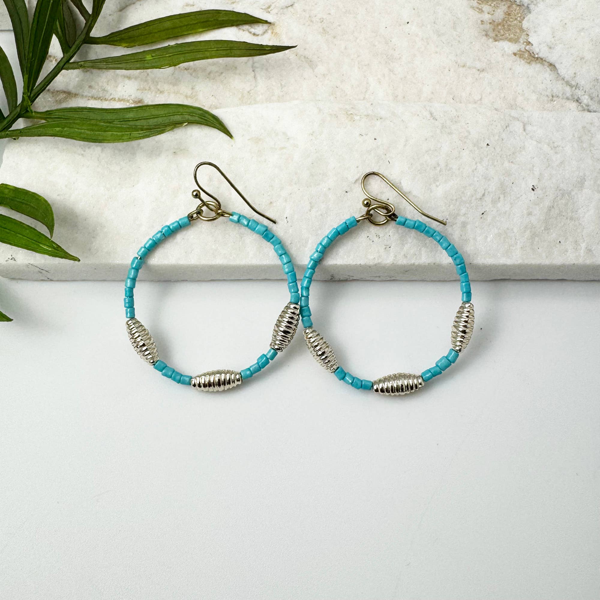 Seed Bead Hoop Earrings - Sky Blue