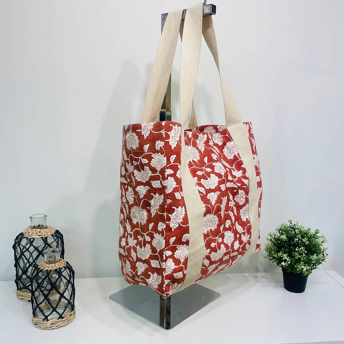 Handcrafted Canvas Bag with Block-Printed Orange Flower Bed