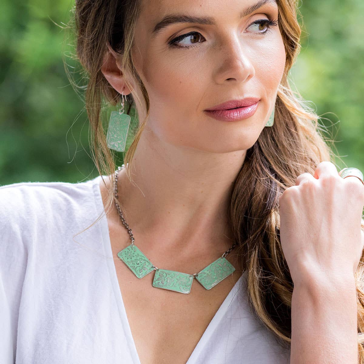 Silver Patina Necklace - Three Mint Rectangles