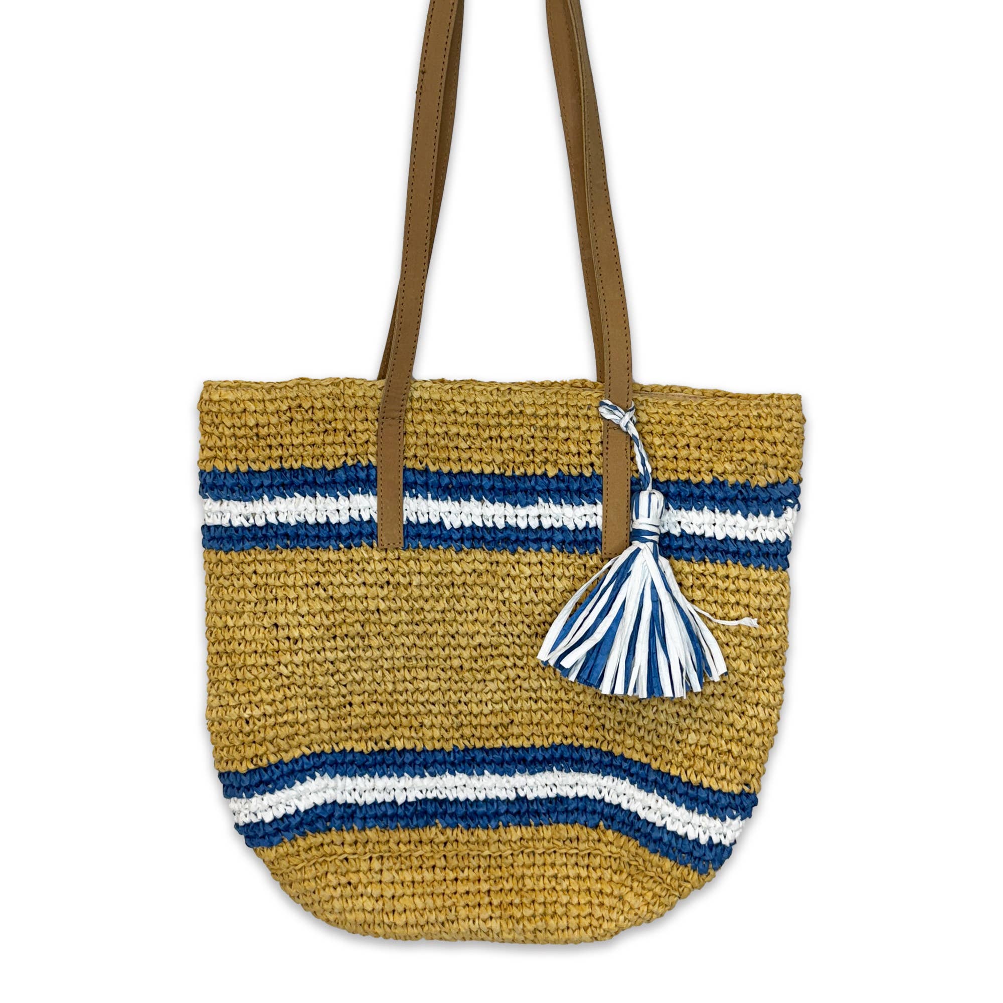 Tahiti Bag - Navy and White Stripes Raffia Bag with Tassel