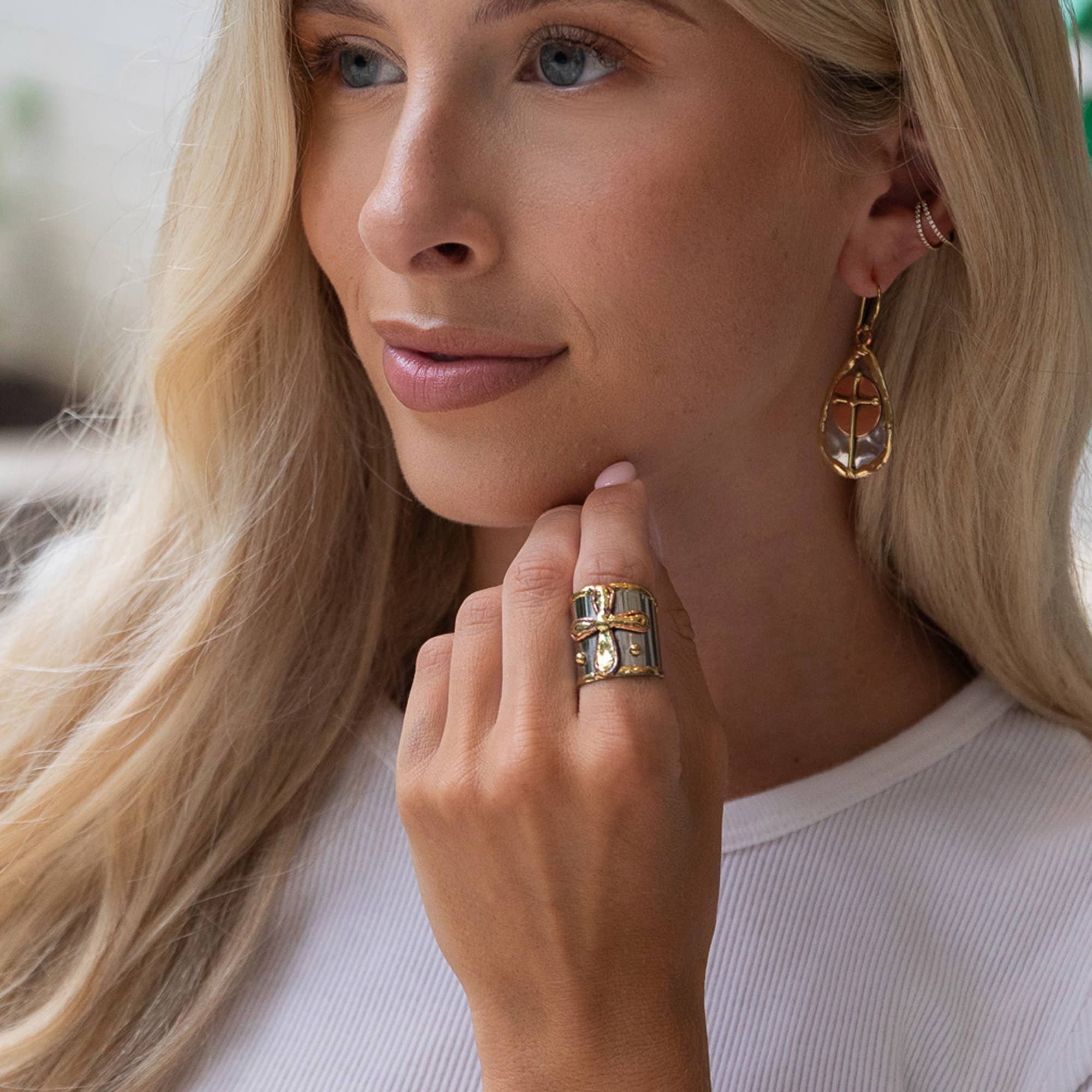 Handcrafted Cross Mixed Metal Ring