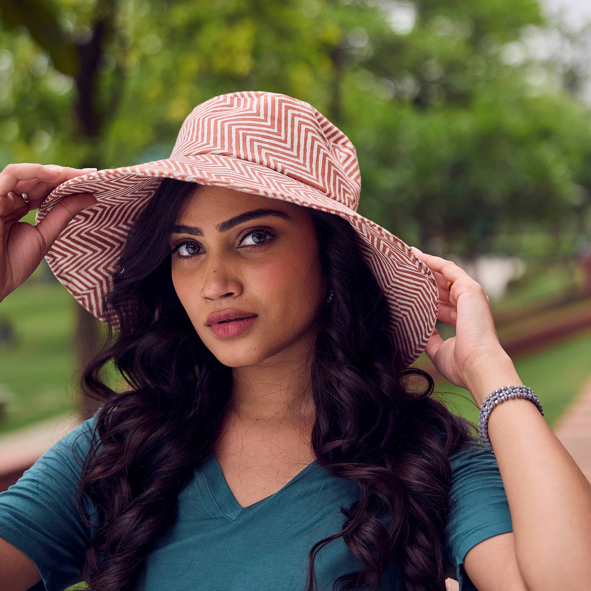 The Block printed Canvas Zigzag Charm Sun Hat