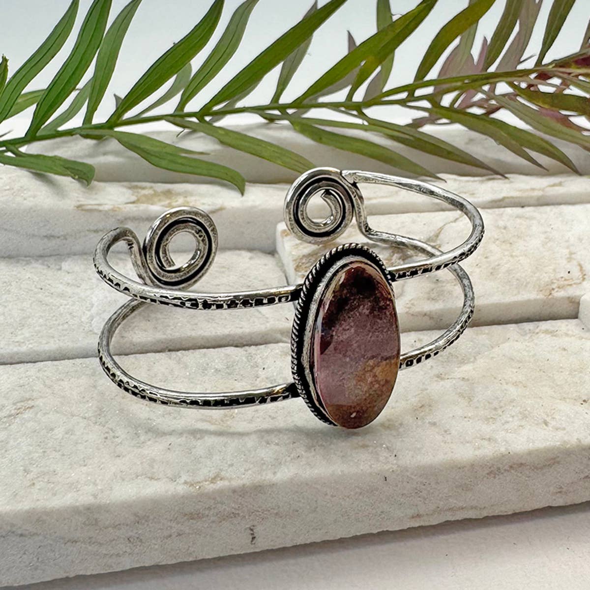 Handcrafted Kashi Semiprecious Stone Cuff - Rhodonite