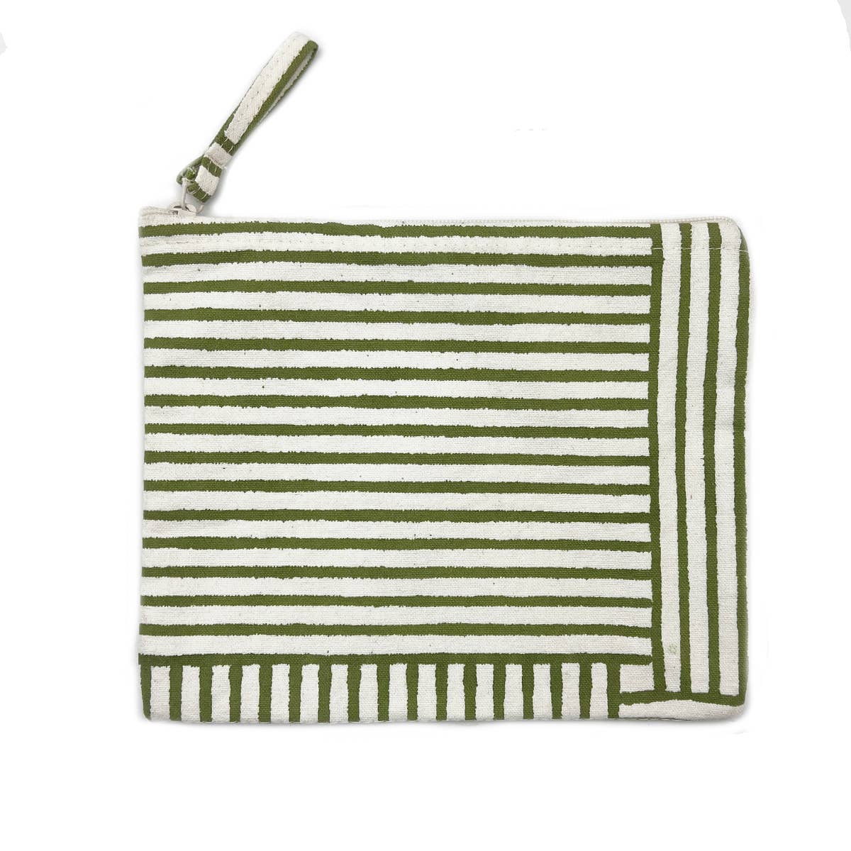 Block-Printed Canvas Zipper Pouch Olive Stripes