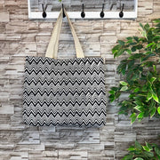 Canvas Bag with Block-Printed Black and White Zigzag Pattern