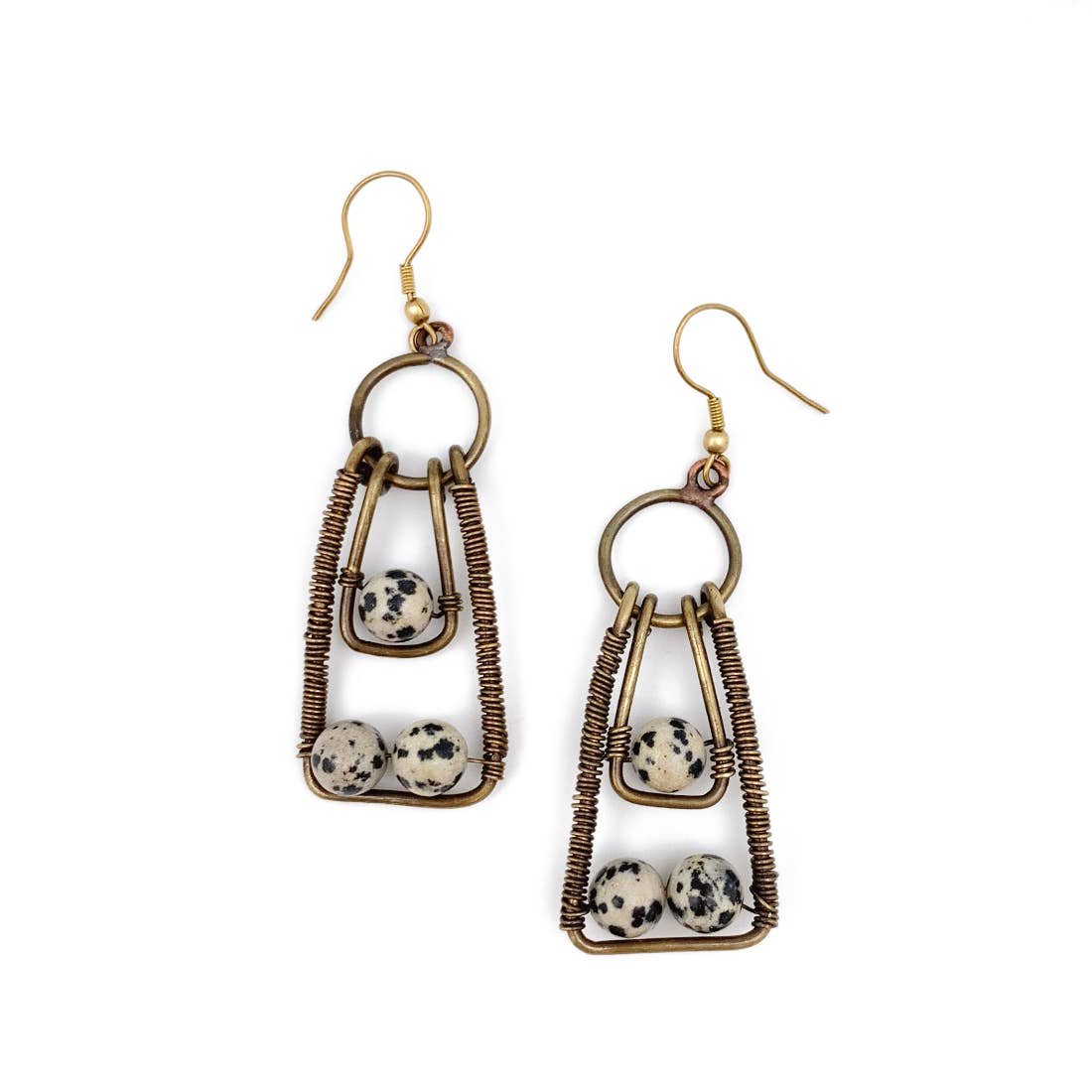 Wire-Wrapped Stone Earrings - Antique Brass Dalmatian Jasper