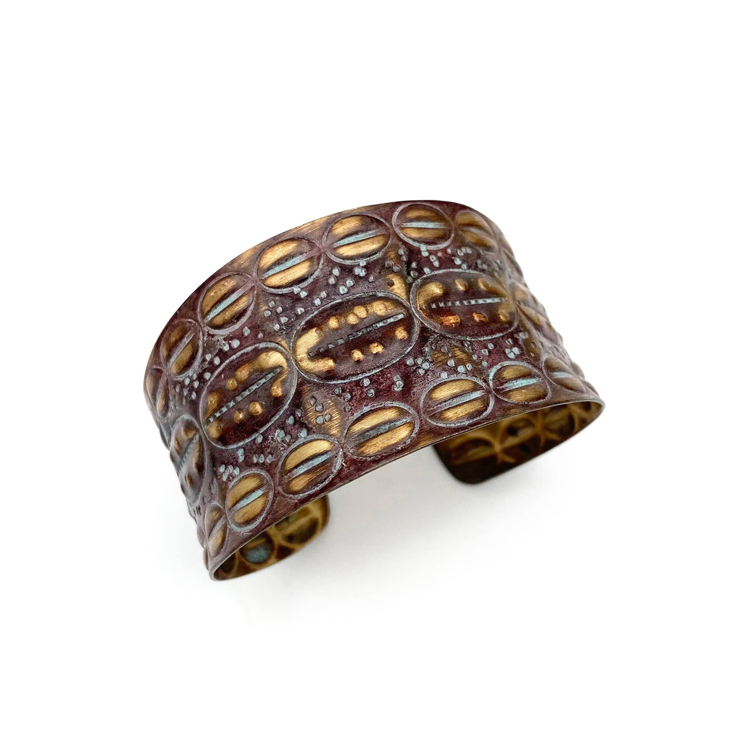 Brass Patina Bracelet - Plum Purple Dots and Lines Ovals