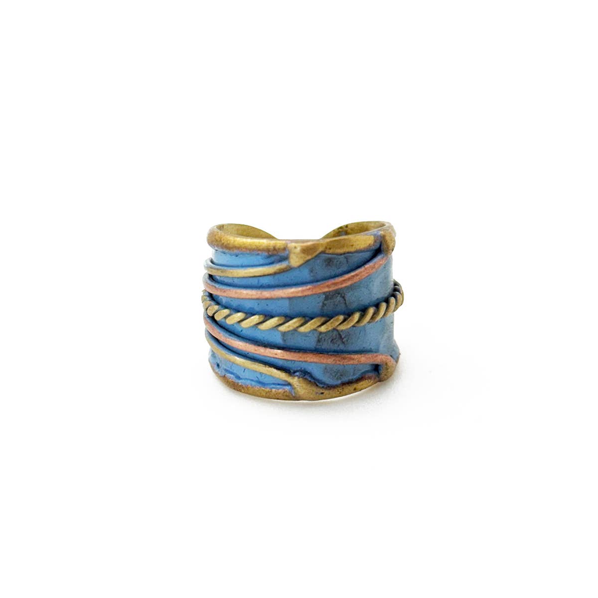 Handcrafted Cadet Blue & Rope Brass Patina Ring