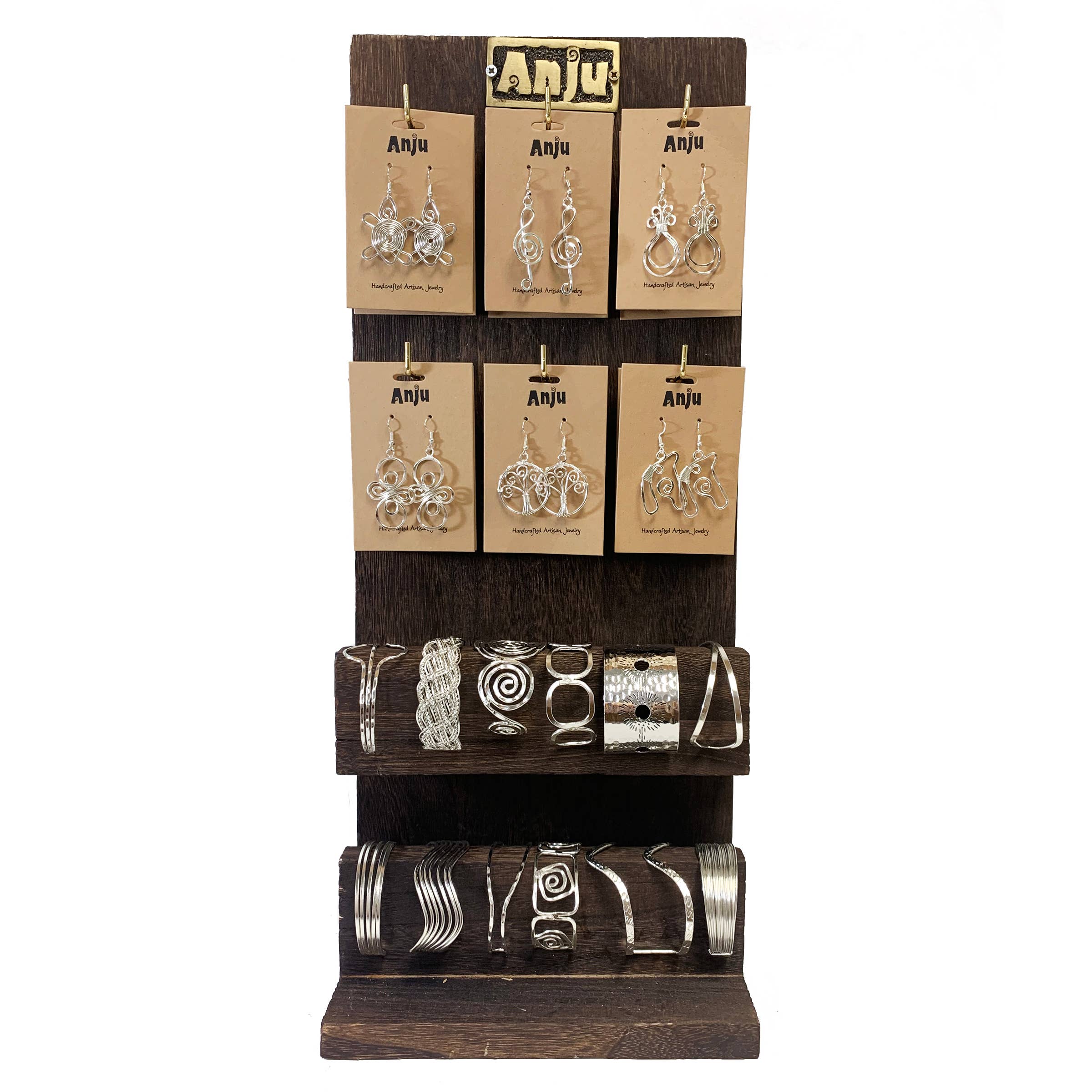Wooden Cuff and Earring Display - 6 Hooks 2 Bracelet Shelves
